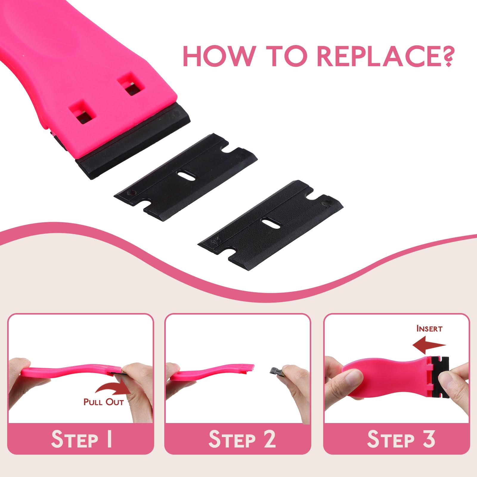 WENNALIFE Tape Remover Scraper Tool - 10 Replacement Blades & 6 Tape Tabs - Non-Scratch Adhesive Remover for Hair Extensions, Cleaning & DIY Projects - Plastic Razor Blade Scraper (Hot Pink)