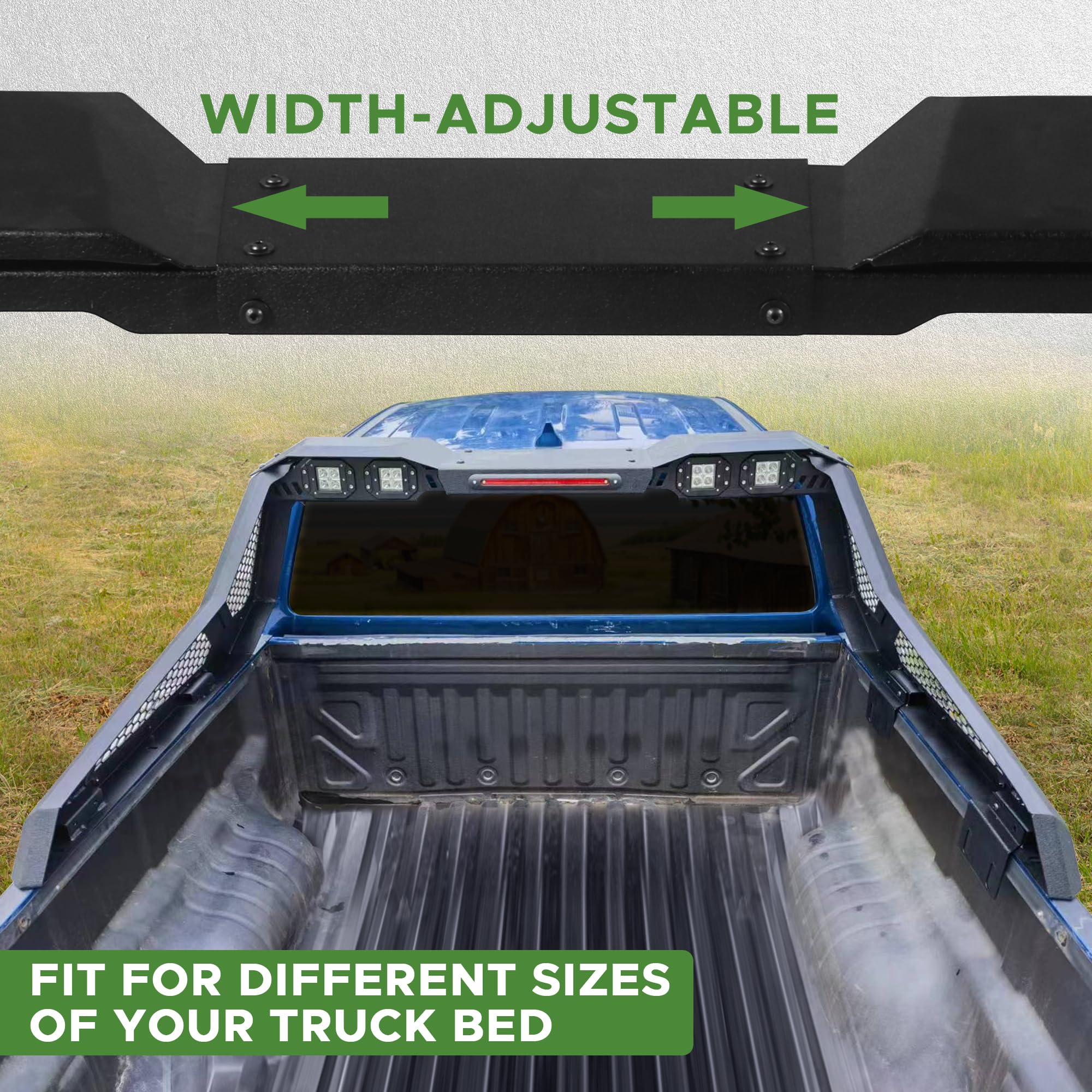 Universal Adjustable Roll Bar with LED Lights for Ford F150, Chevy Silverado, GMC Sierra, Dodge Ram 1500 & Toyota Tundra - Heavy Duty Steel Chase Rack with 3rd Brake Light | Perfect for Off-Roading, Truck Customization & Enhanced Safety