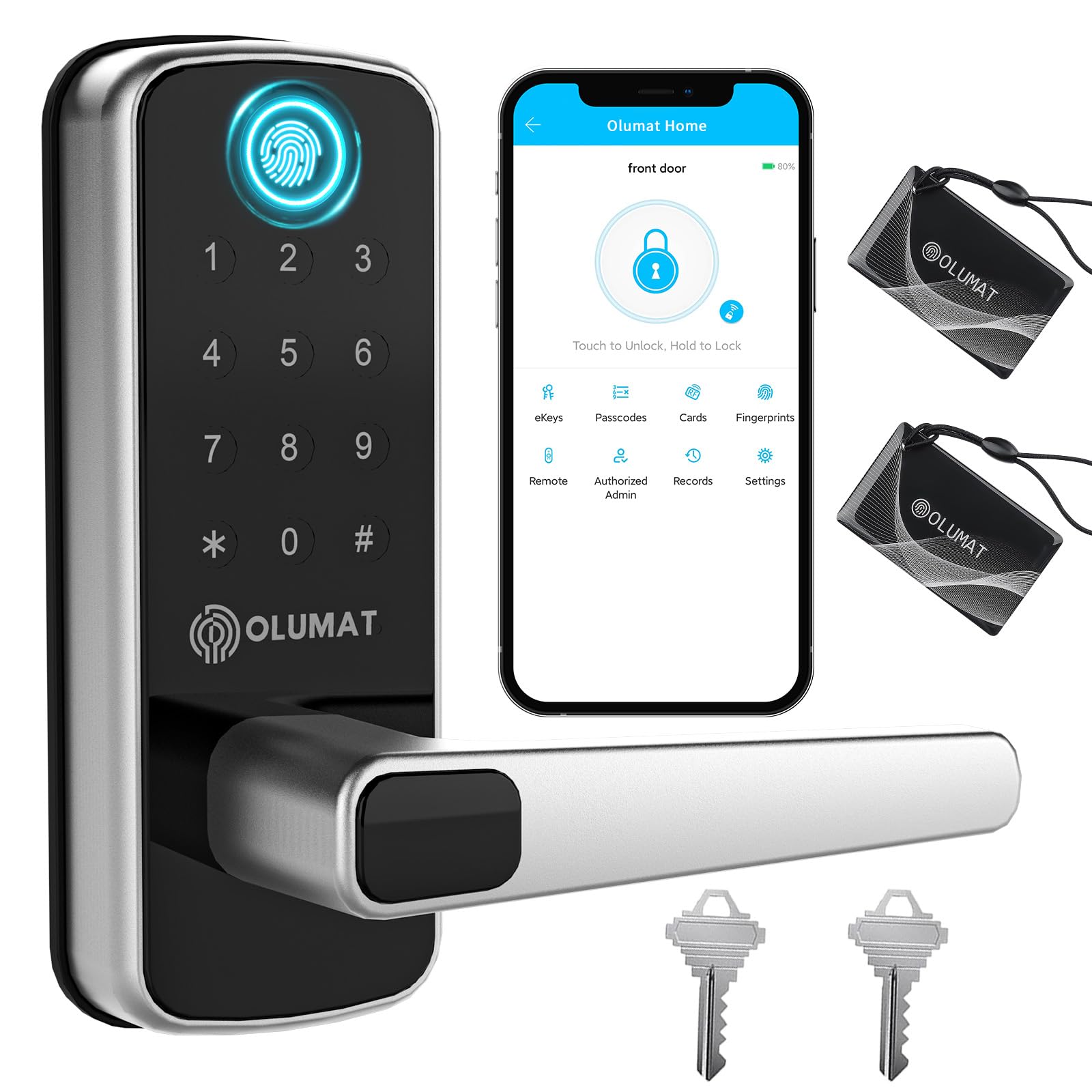 OLUMAT Smart Keyless Entry Door Lock - Fingerprint & Keypad Digital Deadbolt with Handle for Home, Office, Hotel (Easy Installation & Alexa Compatible) - Perfect for Rentals, Garages & Vacation Homes