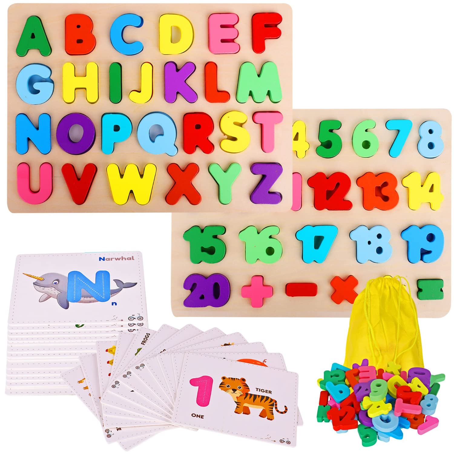 Alphabet Puzzle & ABC Wooden Puzzle Set with Number Game, Flash Cards & Storage Bag - Educational Learning Toys for Toddlers & Preschoolers - Perfect for Homeschooling, Classroom & Early Childhood Development
