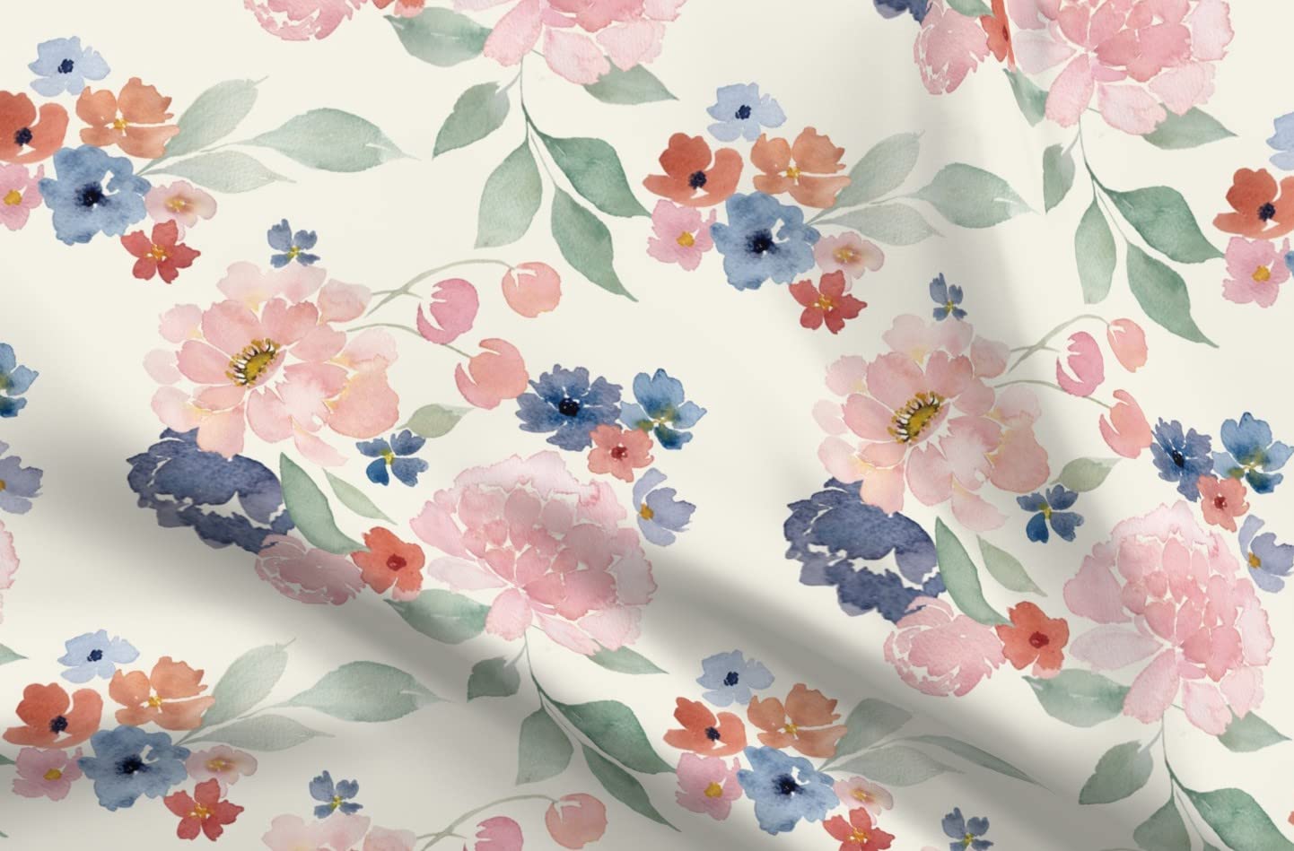 Premium Spoonflower Minky Fabric - Bloom Cream Pink Floral Navy Watercolor Print Fat Quarter | Soft Plush for Baby Blankets, Quilt Backing & Sewing Projects | Perfect for Nursery Decor, DIY Crafts & Cozy Home Textiles