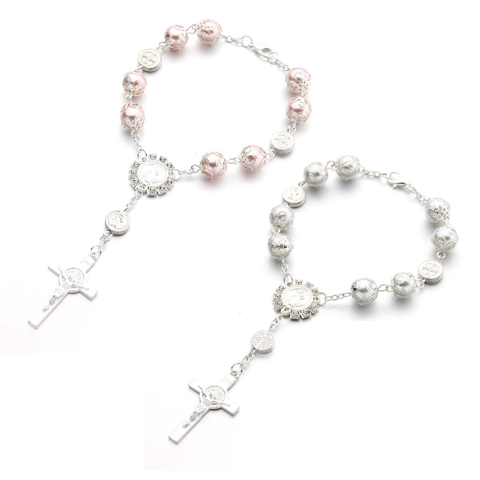 Ziciner 2-Piece Personalized Car Rosary for Rearview Mirror - Silver & Pink Auto Rosary Pendant with Blessing Charm | Catholic Car Accessories for Protection & Faith | Perfect for Daily Commute, Road Trips & Spiritual Comfort