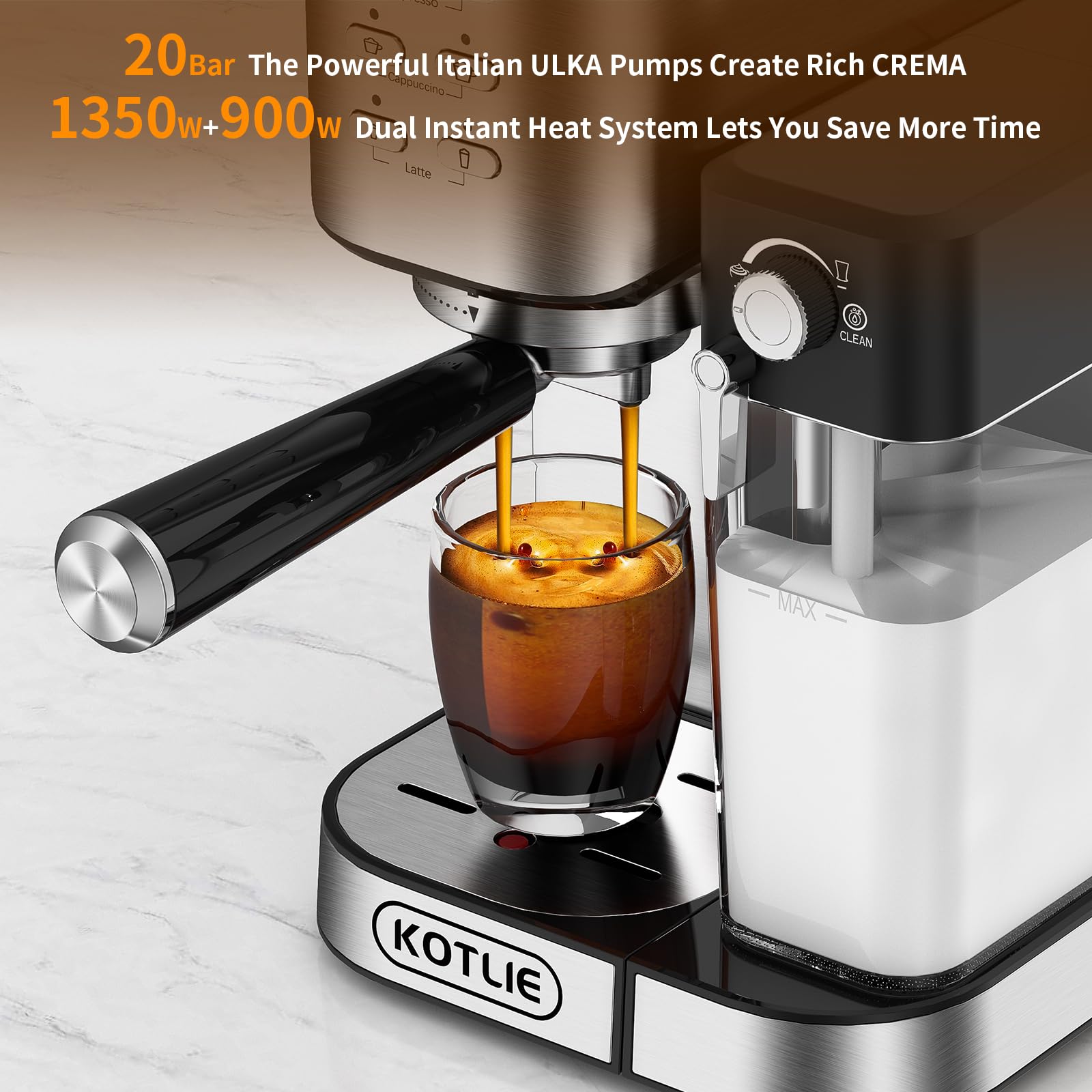 KOTLIE Automatic Espresso Coffee Machine with Milk Frother - 20Bar Pressure, Dual Heat System (1350W & 900W), ESE Pod Compatible for Espresso/Cappuccino/Latte - Perfect for Home, Office & Coffee Shops (120V, Metal)