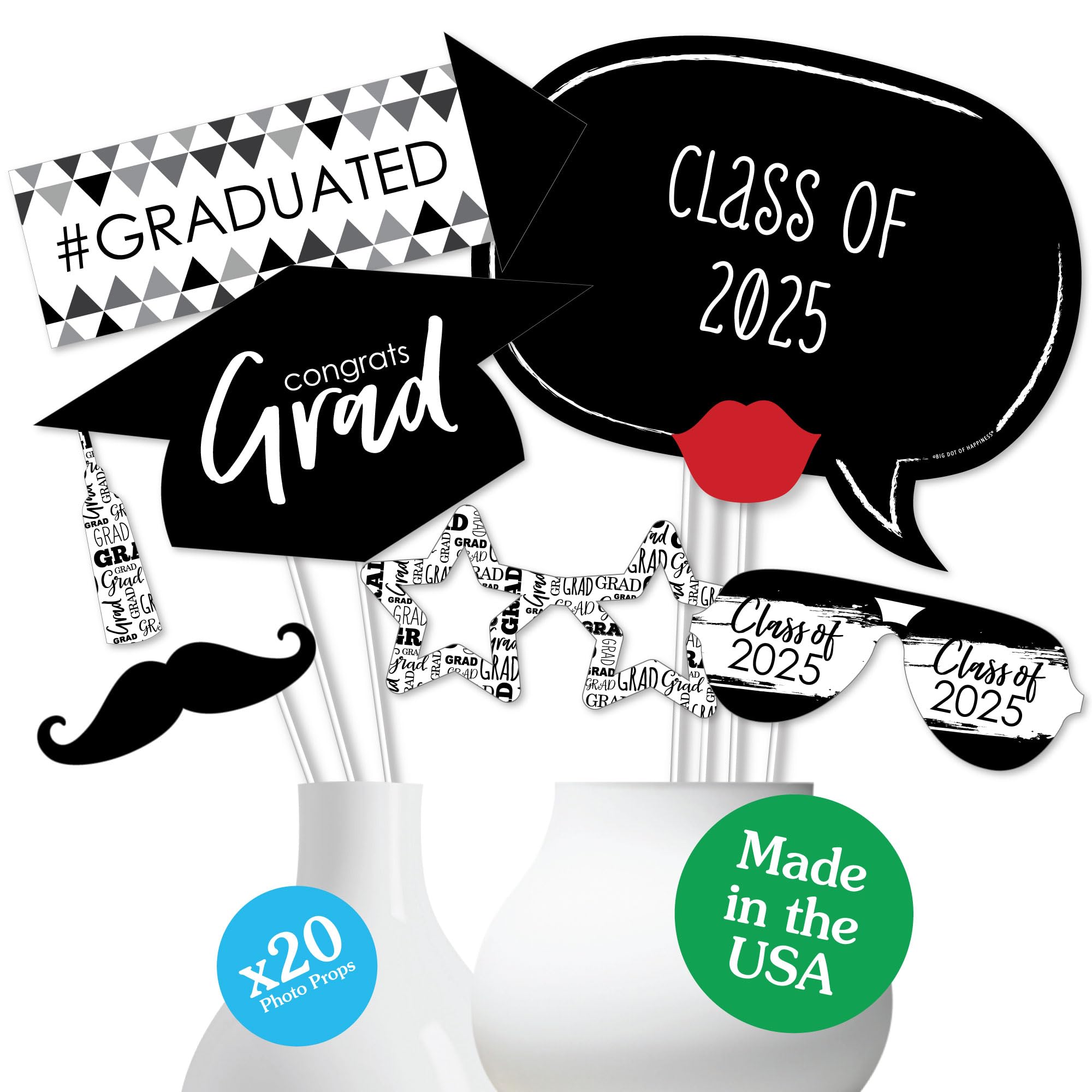 Black and White 2025 Graduation Photo Booth Props Kit - 20 Count - Class of 2025 Party Decorations & Graduation Supplies - Perfect for Graduation Parties, School Celebrations & Photo Backdrops