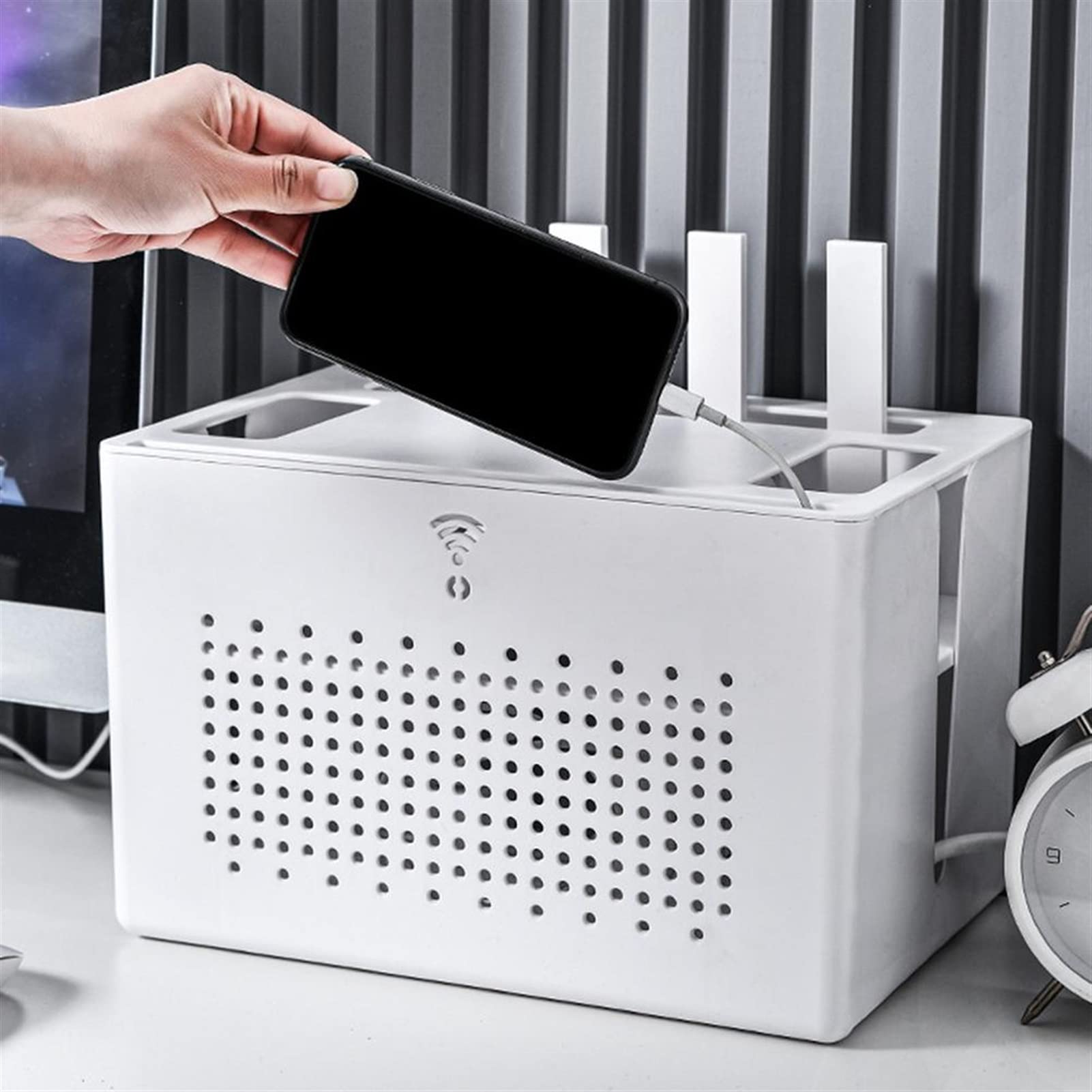 FDFWEFLQQ WiFi Wireless Router Storage Box - Double-Layer Hollow Cable Management Organizer with Heat Dissipation | Detachable Design Saves Space for Home & Office | Perfect for Network Setup, Gaming Stations & Workspaces