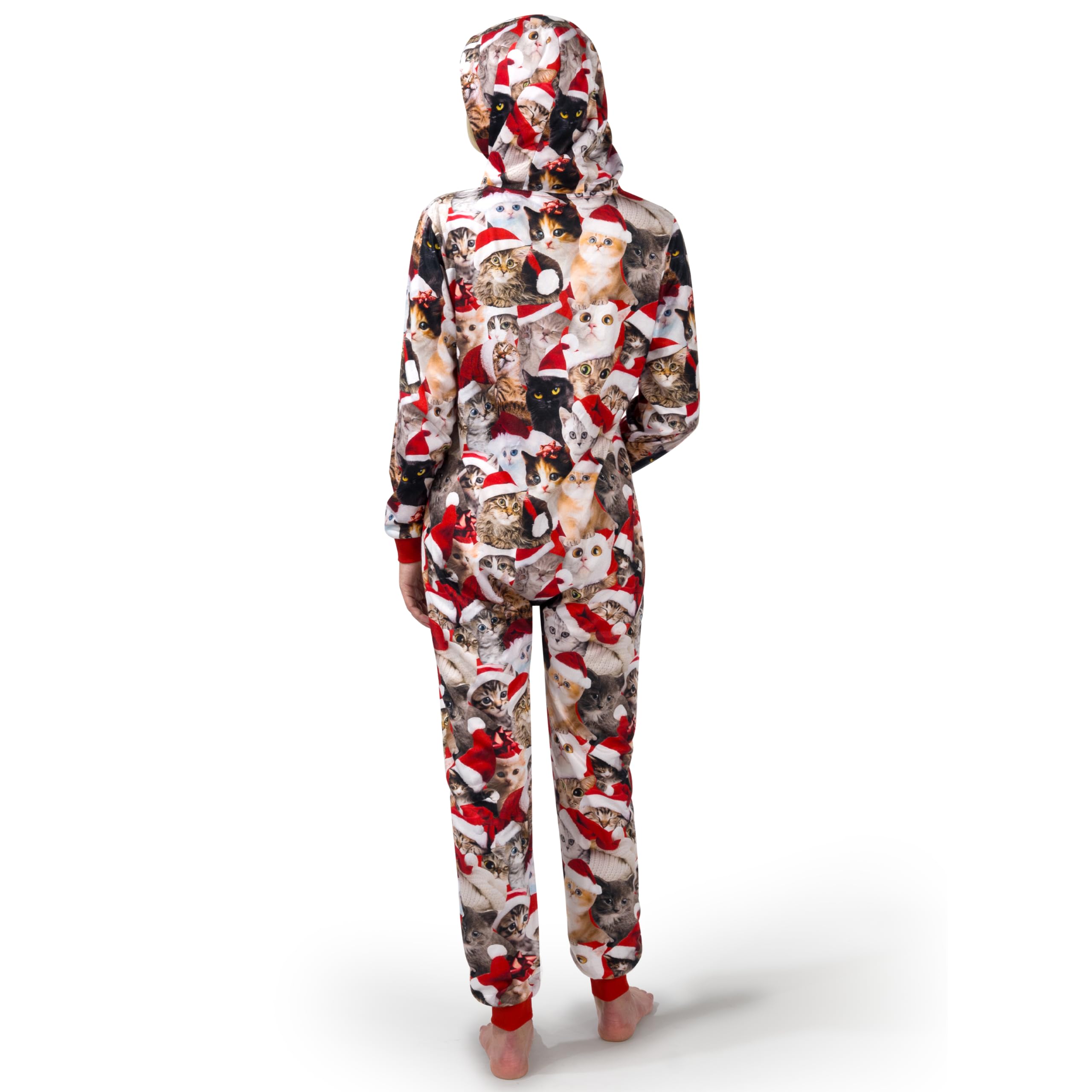 Cozy Cat Print Christmas Pajamas for Adults - Soft Fleece Hooded Pajama Set with Pockets | Perfect for Holiday Parties, Family Gatherings & Winter Lounging