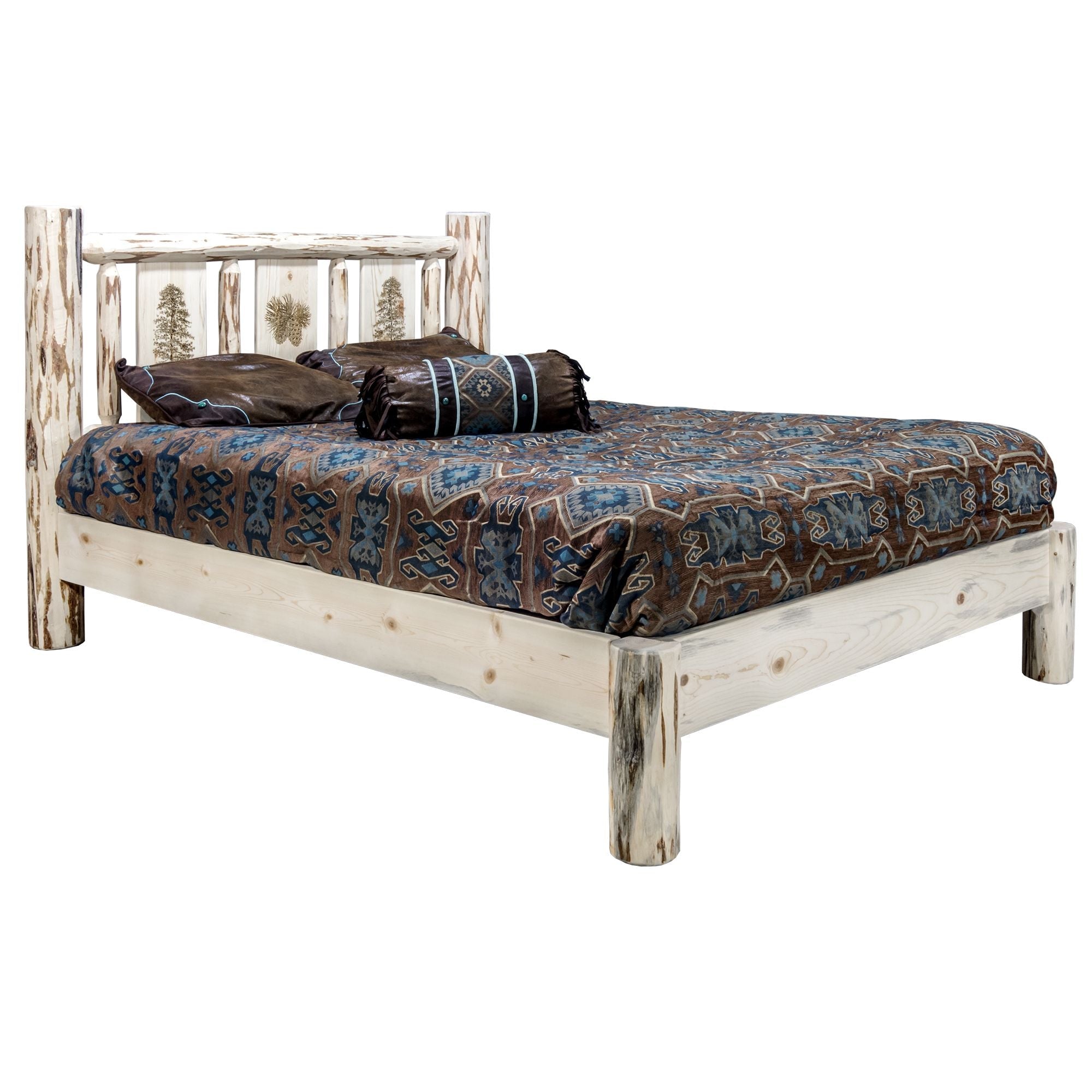 Montana Platform Bed with Laser Engraved Design - Unfinished Solid Wood Bed Frame for Bedroom, Living Room, or Guest Room