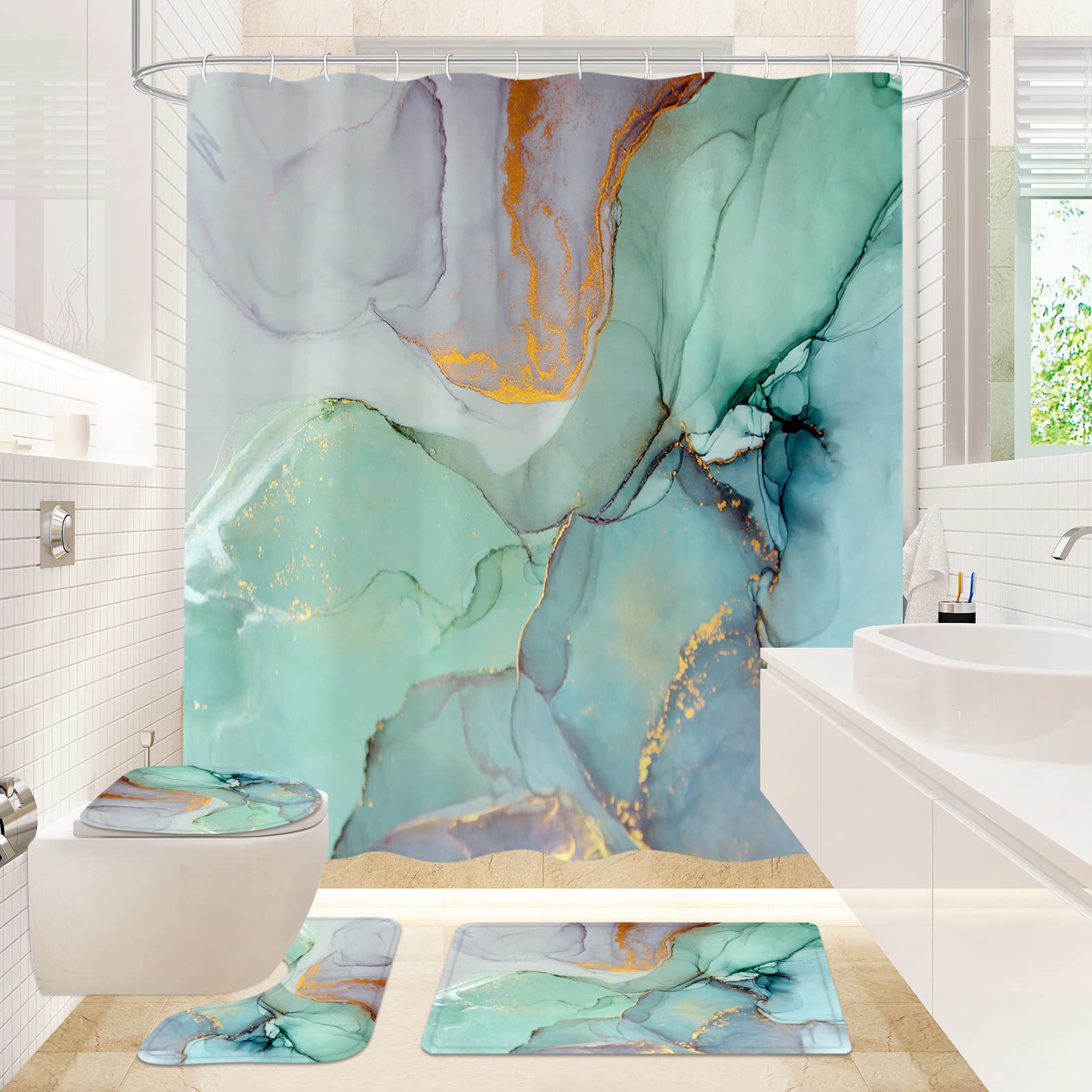 Gibelle 4-Piece Shower Curtain Set with Non-Slip Bath Rugs, Toilet Lid Cover & Bath Mat - Green Marble Bathroom Decor for Modern Homes | Perfect for Bathroom Makeovers & Spa-Like Retreats