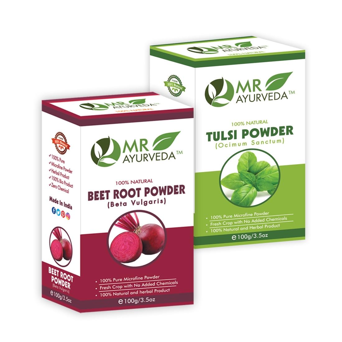 MR Ayurveda 100% Organic Beetroot Powder & Holy Basil (Tulsi) Powder - 2 Pack (200g) | Natural Energy Boost, Immune Support for Smoothies & Wellness Drinks
