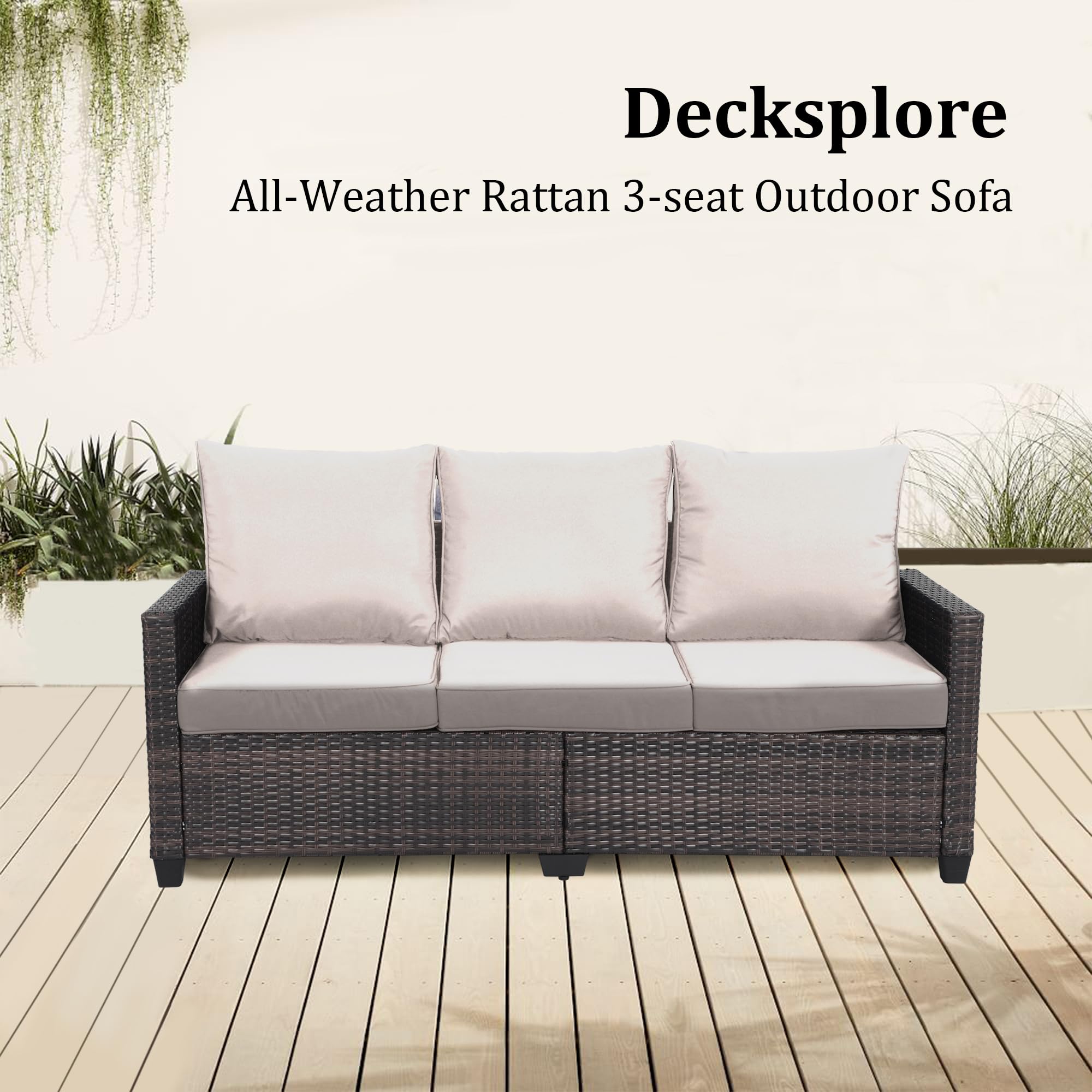 All-Weather 3-Seater Outdoor Sofa with High Back & Thick Cushions - Premium Wicker Patio Furniture for Garden, Backyard, Porch - Beige - Perfect for Relaxing, Entertaining & Outdoor Lounging