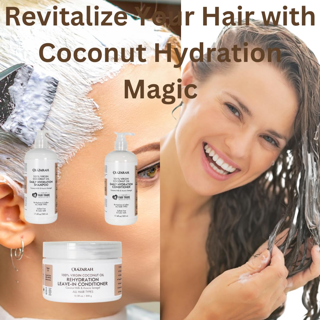 Coconut Daily Hydration Hair Care Bundle - Shampoo & Conditioner Set (17 Fl oz Each) + Leave-in Conditioner (10 oz) | Hydrating, Strengthening, Anti-Frizz & Breakage Control for Healthy Hair | Perfect for Dry, Damaged Hair & Daily Moisture Boost