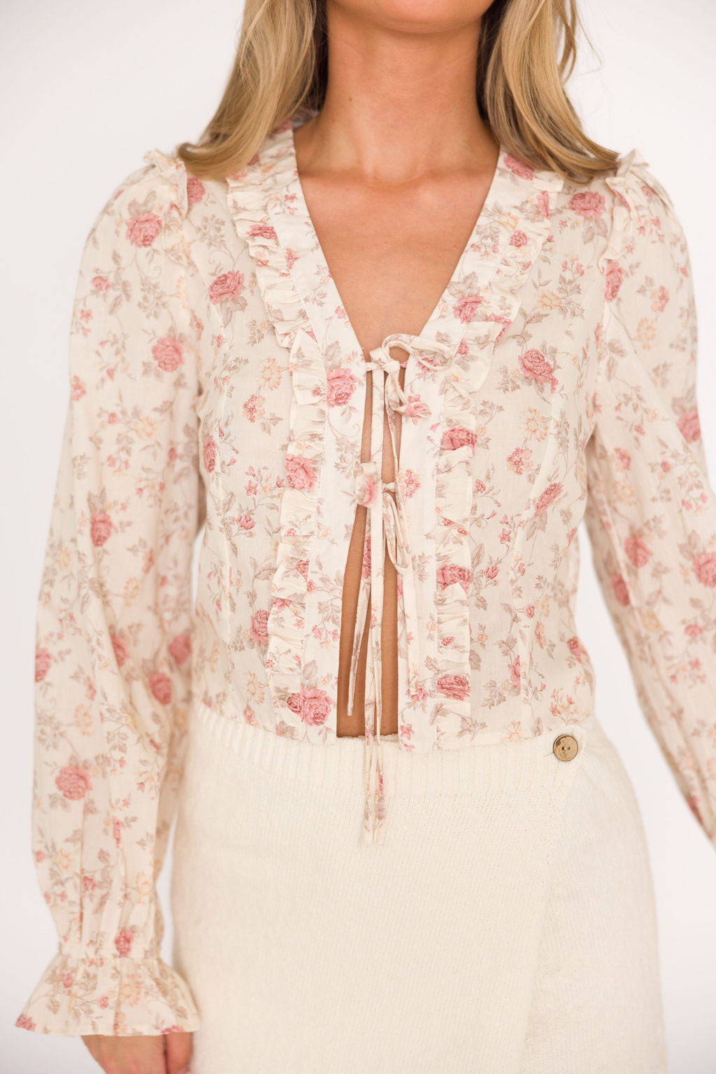 Hollis Ruffle Tie Top Women's Blouse - Cream & Pink Floral Print, Casual Summer Shirt for Date Night & Beach Outfits