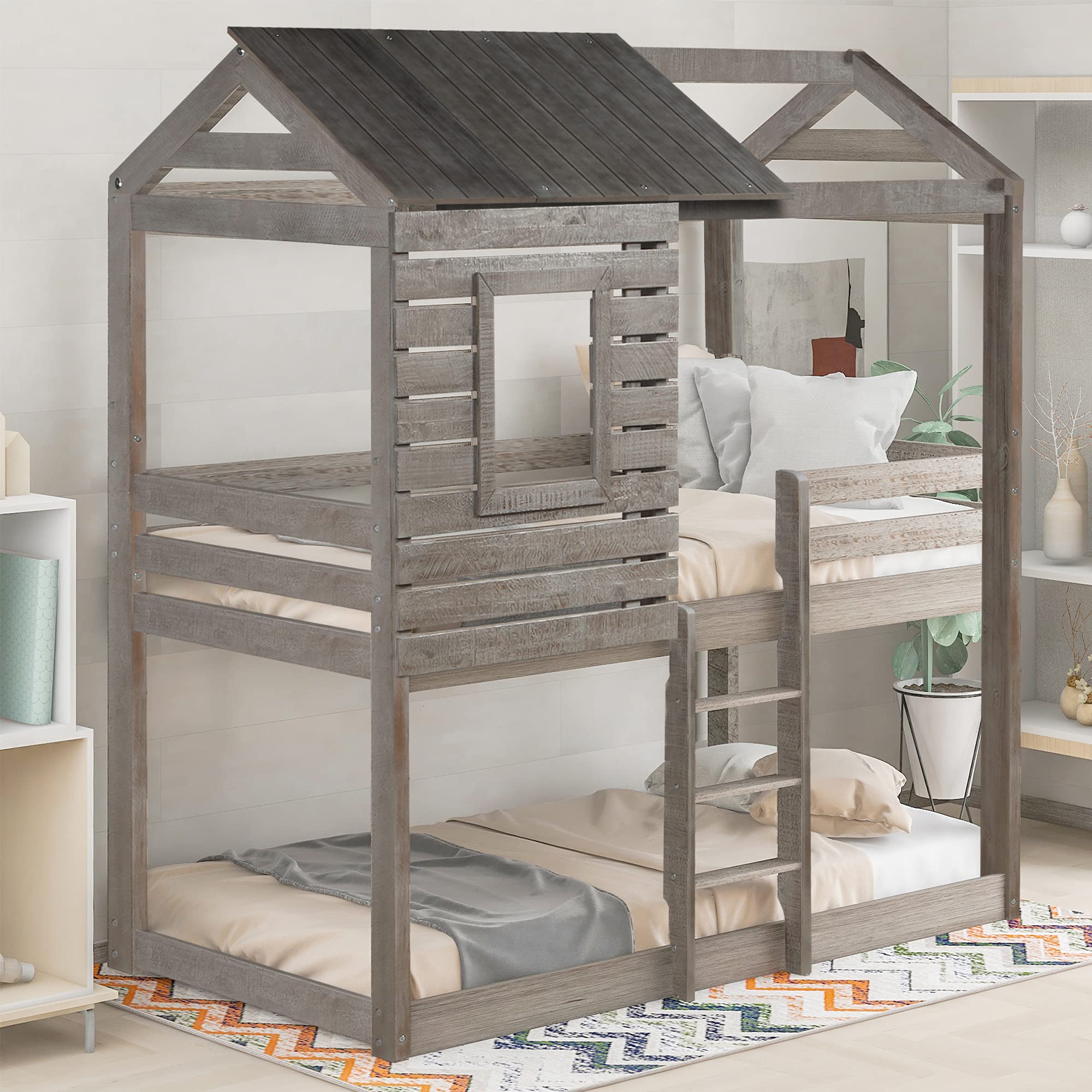 **Antique Grey Twin Over Twin House Shaped Bunk Bed with Roof - Kids Floor Playhouse Bunk Beds for Bedrooms, Playrooms & Sleepovers**