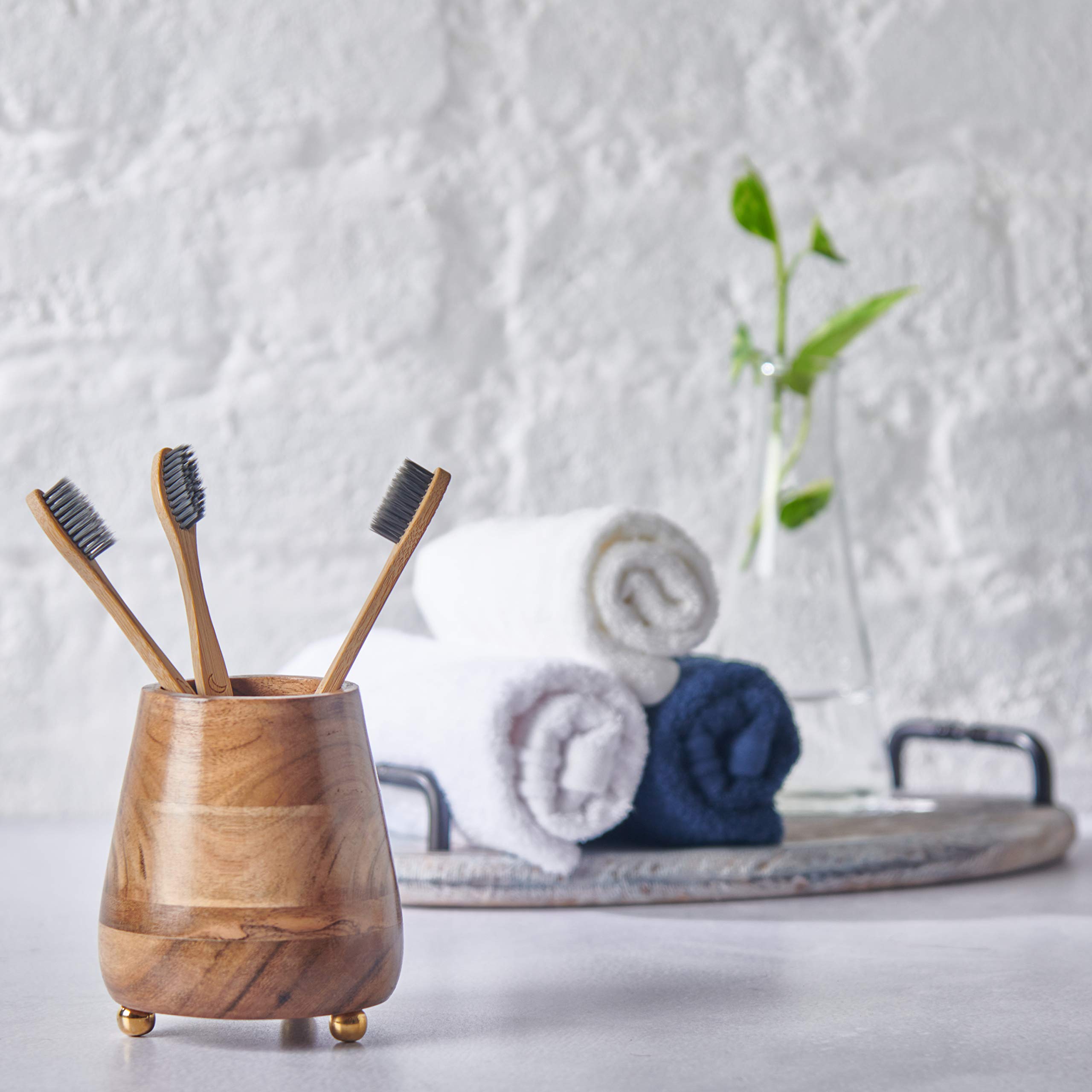 Folkulture Wooden Toothbrush Holder & Water Repellent Shower Curtain Set - Modern Bathroom Organizer with Tassels for Toothbrush Storage & Shower Protection | Perfect for Small Bathrooms, Dorm Rooms & Apartment Decor