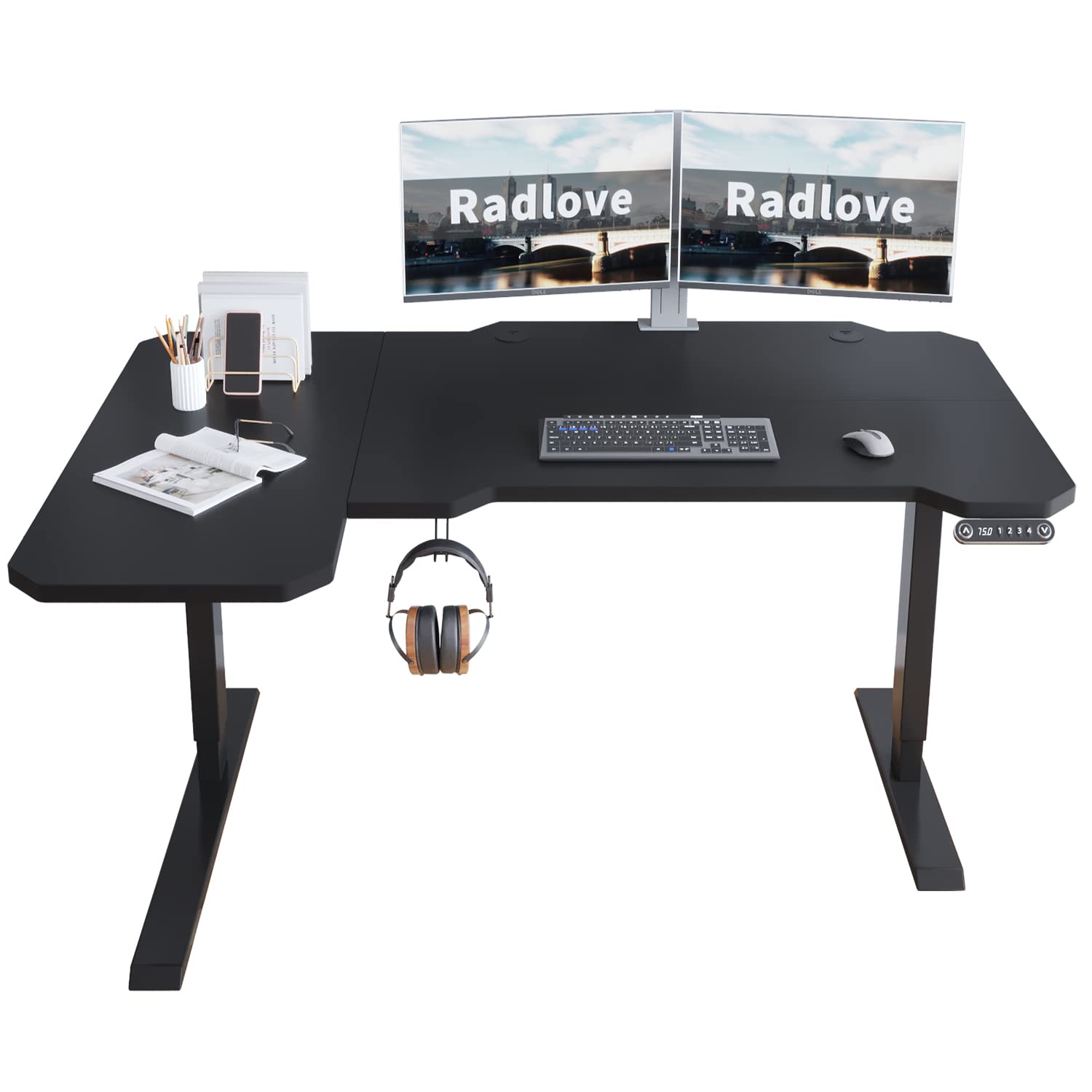 Radlove 59-Inch Large Electric Height Adjustable L-Shaped Standing Desk with Memory Controller - Ergonomic Corner Workstation for Home Office, Gaming & Study (Black Frame + Black Top) - Perfect for Remote Work, PC Gaming & Hybrid Workspaces