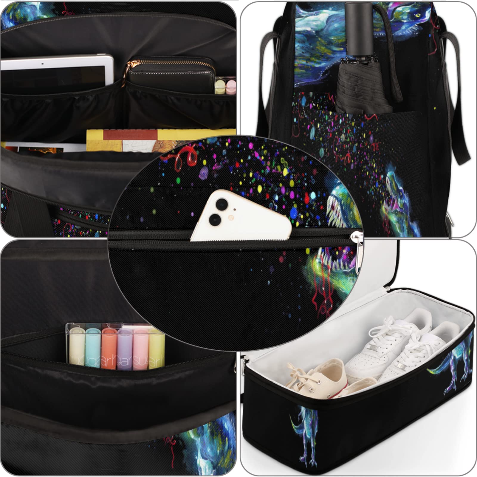 Glowing Dinosaur Rex Rainbow Sparkles Foldable Travel Duffel Bag - Light Up Dinosaur Print Gym Bag for Men & Women with Shoe Compartment & Shoulder Strap - Perfect for Gym, Travel, Sports & Overnight Trips