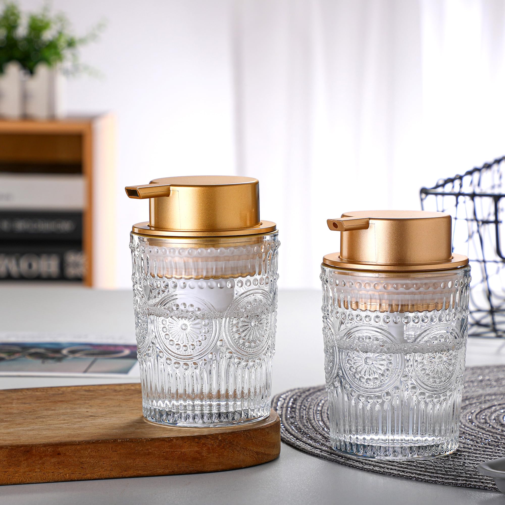 8 Oz Clear Glass Foam Soap Dispenser with Gold Plastic Pump - Refillable Round Foaming Lotion Dispenser for Kitchen, Bathroom & Vanity - Perfect for Liquid Hand Soap, Dish Soap & Shampoo Storage
