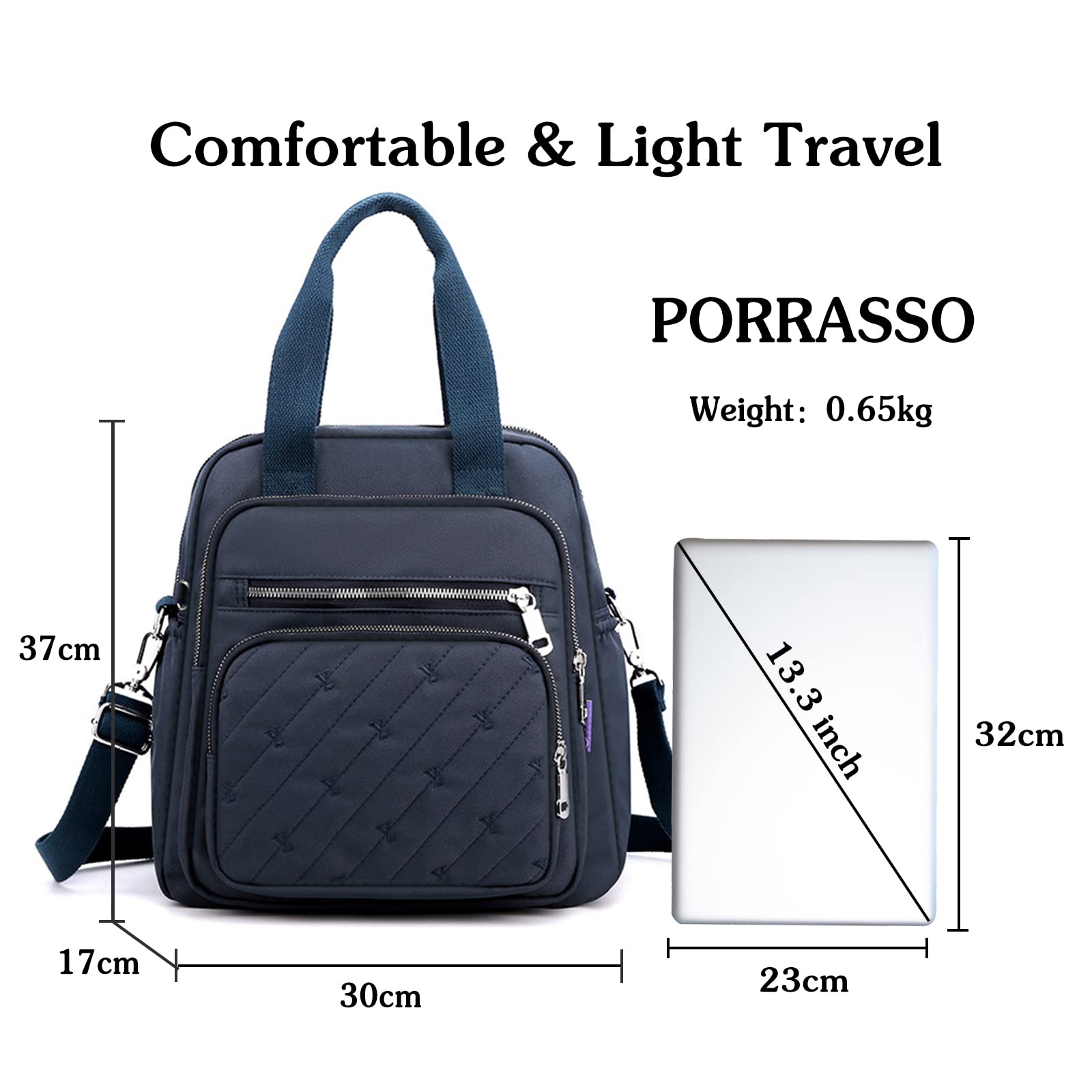 PORRASSO Women's Fashion Backpack - Stylish Nylon Shoulder Bag, Handbag & Rucksack for Work, Travel & Daily Use (Dark Blue) | Perfect for Office Commute, College Campus & Weekend Getaways