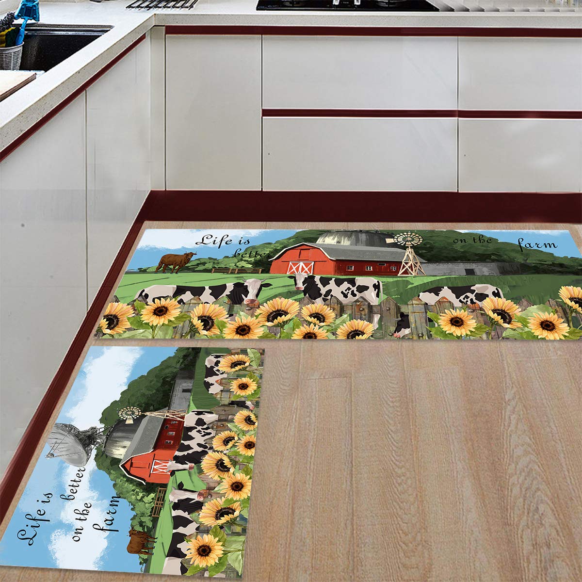 Farmhouse Kitchen Rug Set - 2 Piece Non-Slip Washable Floor Mats with Cow & Sunflower Design, 15.7x23.6 & 15.7x47.2 Inches - Perfect for Farmhouse Kitchens, Entryways, and High-Traffic Areas