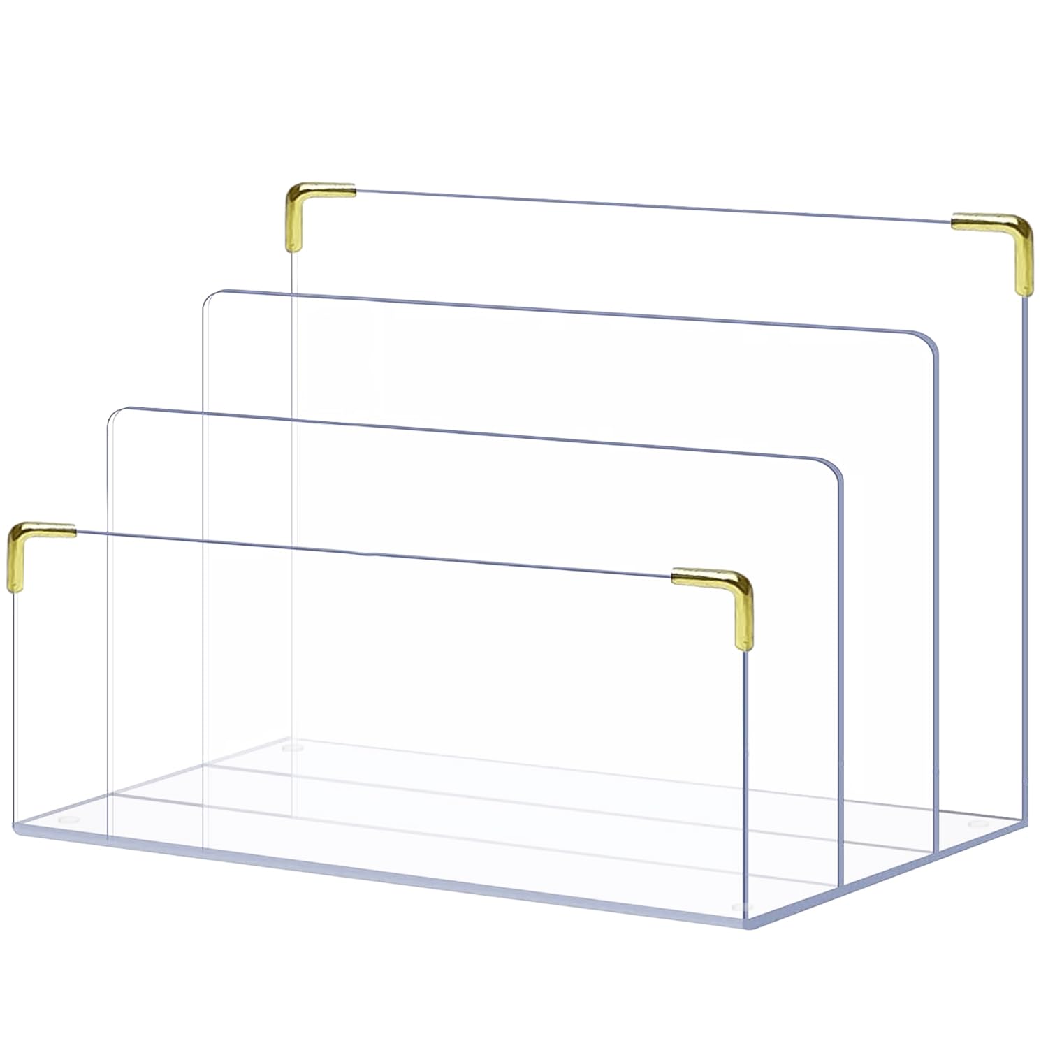 Clear Acrylic File Holder with Gold Accents - Desk Organizer for Folders, Mail, Magazines | Perfect for Office, Home & Workspace Organization | Letter Sorter, Laptop Stand & Notebook Holder