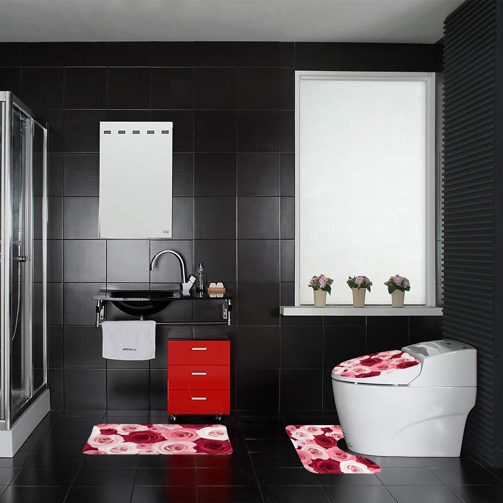3-Piece Non-Slip Bathroom Rugs Set - Absorbent Shower Mat & Toilet Floor Carpet with Romantic Red Pink Roses Pattern, Soft Machine Washable Bath Mats for Bathroom Decor & Home Comfort