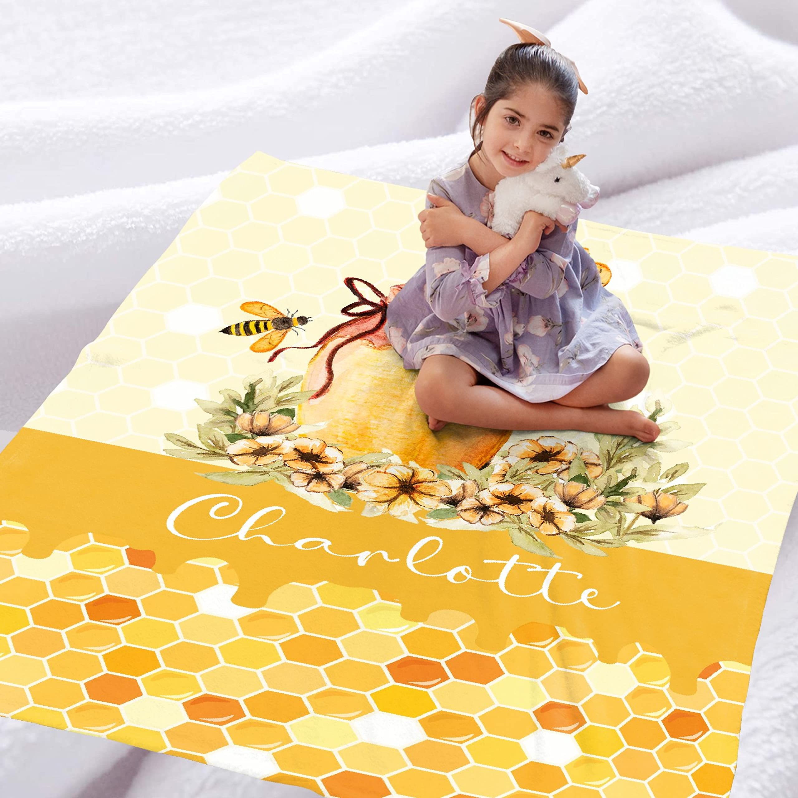 Personalized Baby Blanket with Name - Cute Bees Design Custom Fleece Throw Blanket for Boys & Girls - Extra Large 120
