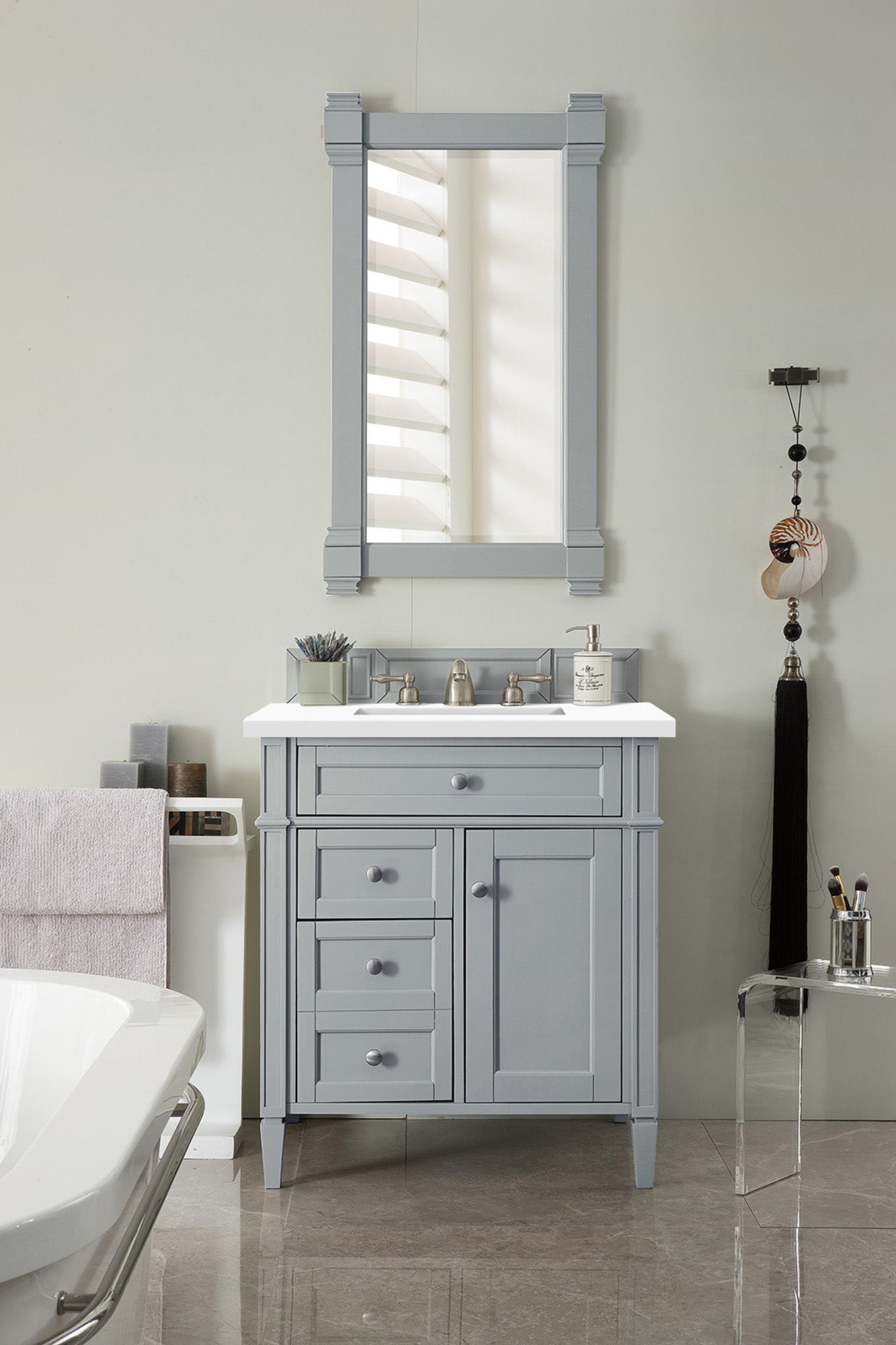 Brittany 30-Inch Single Bathroom Vanity in Urban Gray with 3CM White Zeus Quartz Countertop - Perfect for Modern Small Bathrooms & Powder Rooms