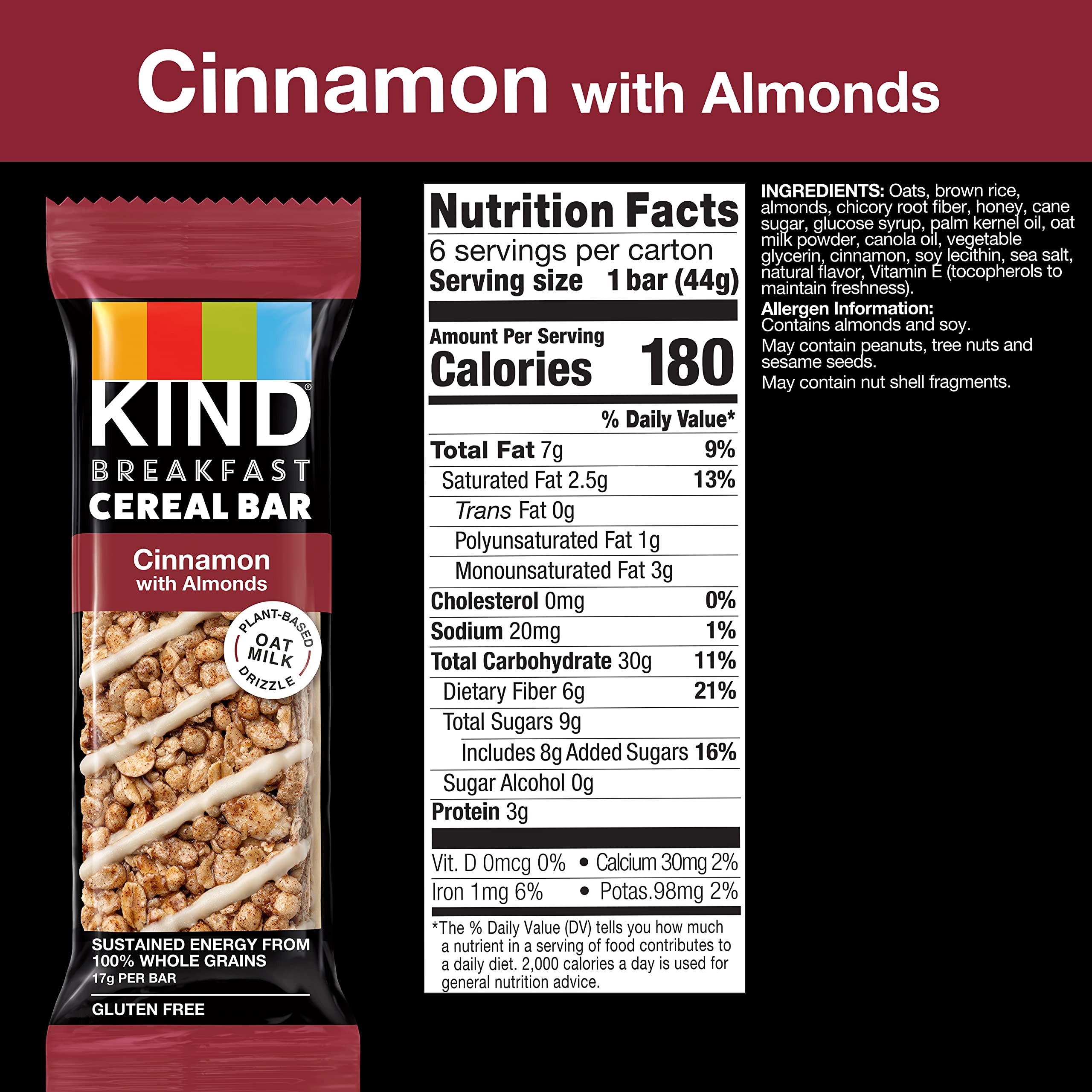 KIND Breakfast Cereal Bars - Gluten Free Snacks with Cinnamon & Almonds - 9.3oz Box (36 Bars) | Healthy On-the-Go Breakfast & Office Snacks