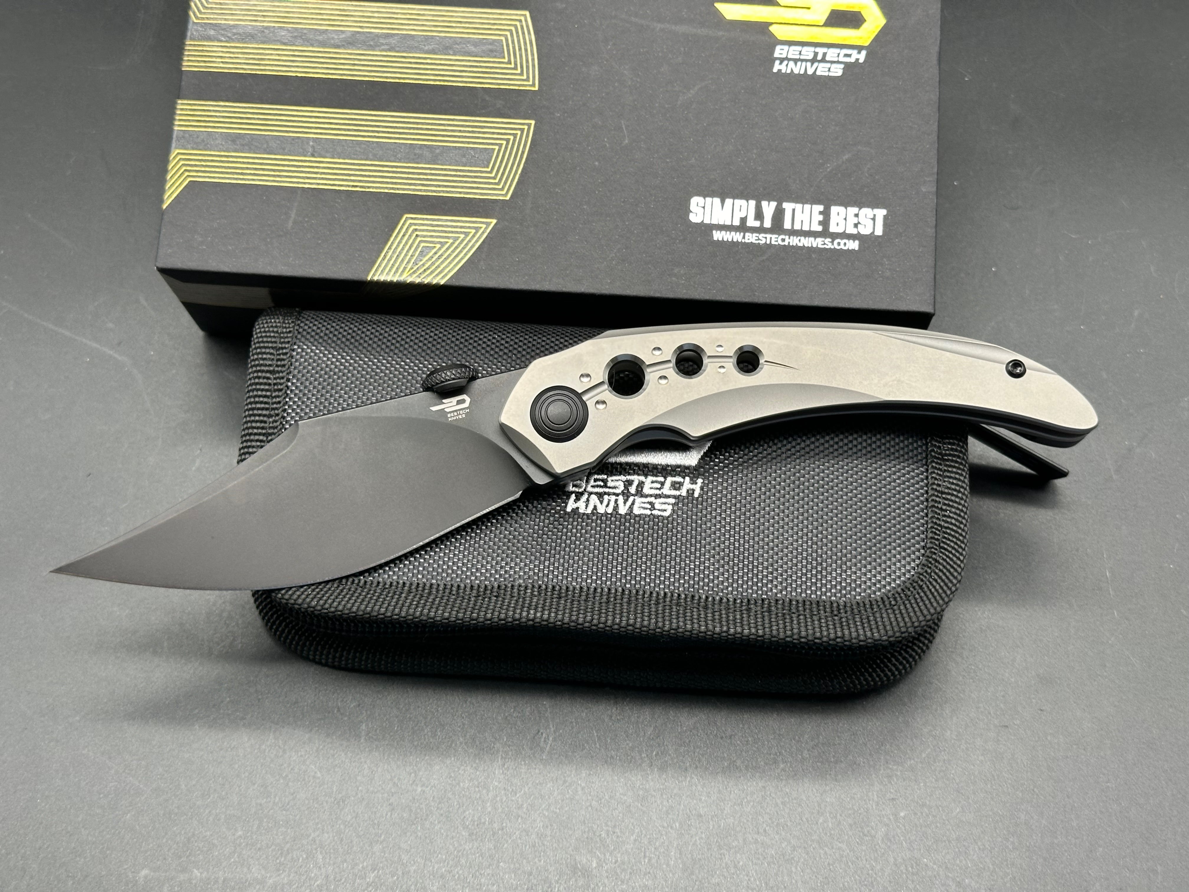 Bestech Kombou Folding Knife - Razon/Grey Slotted Titanium Handle, Upswept Blackwash Magnacut Blade - EDC, Outdoor Camping & Survival Tool
