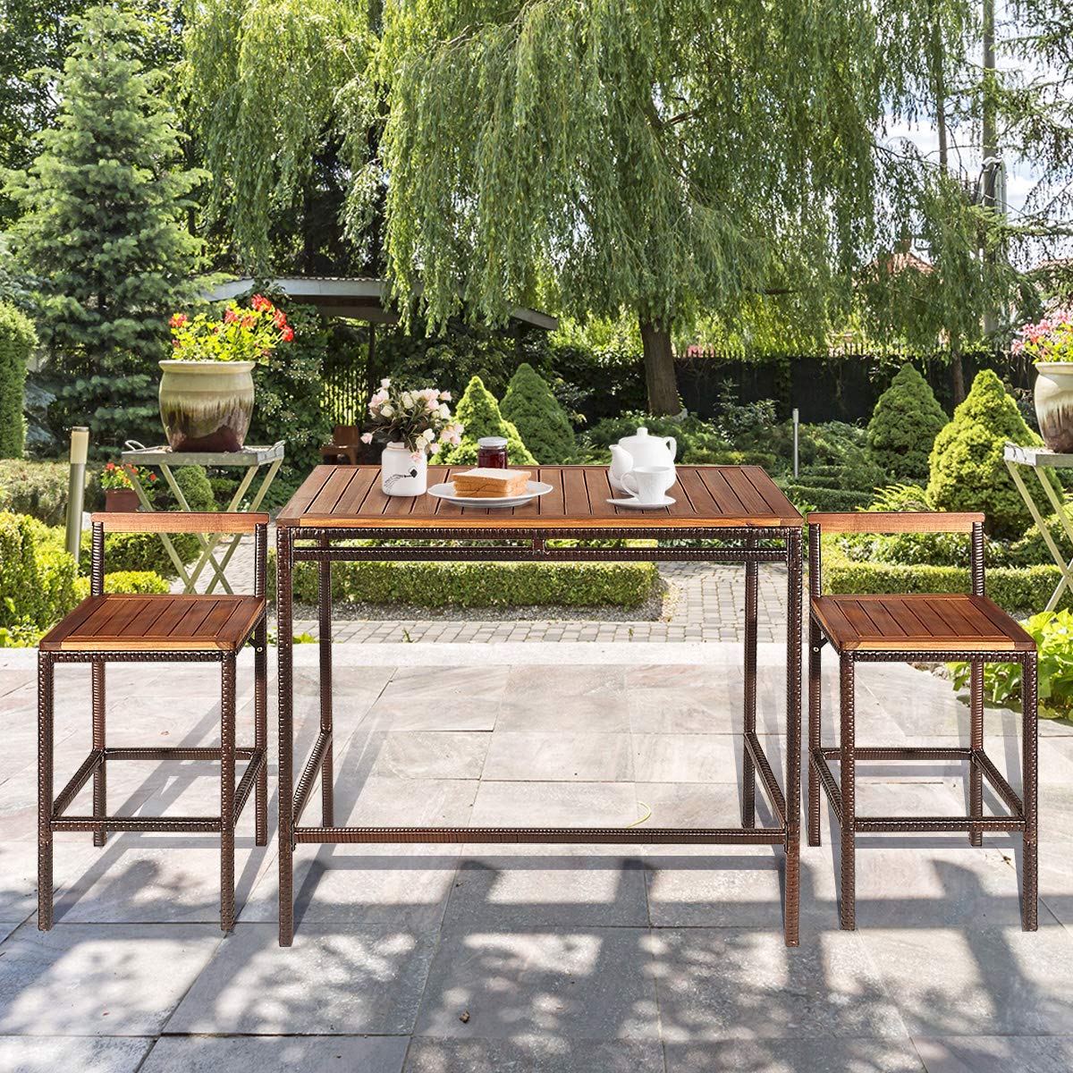 Tangkula 3-Piece Outdoor Bar Table Set - Acacia Wood Top Rattan Bistro Set with 2 Bar Stools for Patio, Backyard, Balcony & Dining Room | Perfect for Outdoor Entertaining, Alfresco Dining & Small Space Decor
