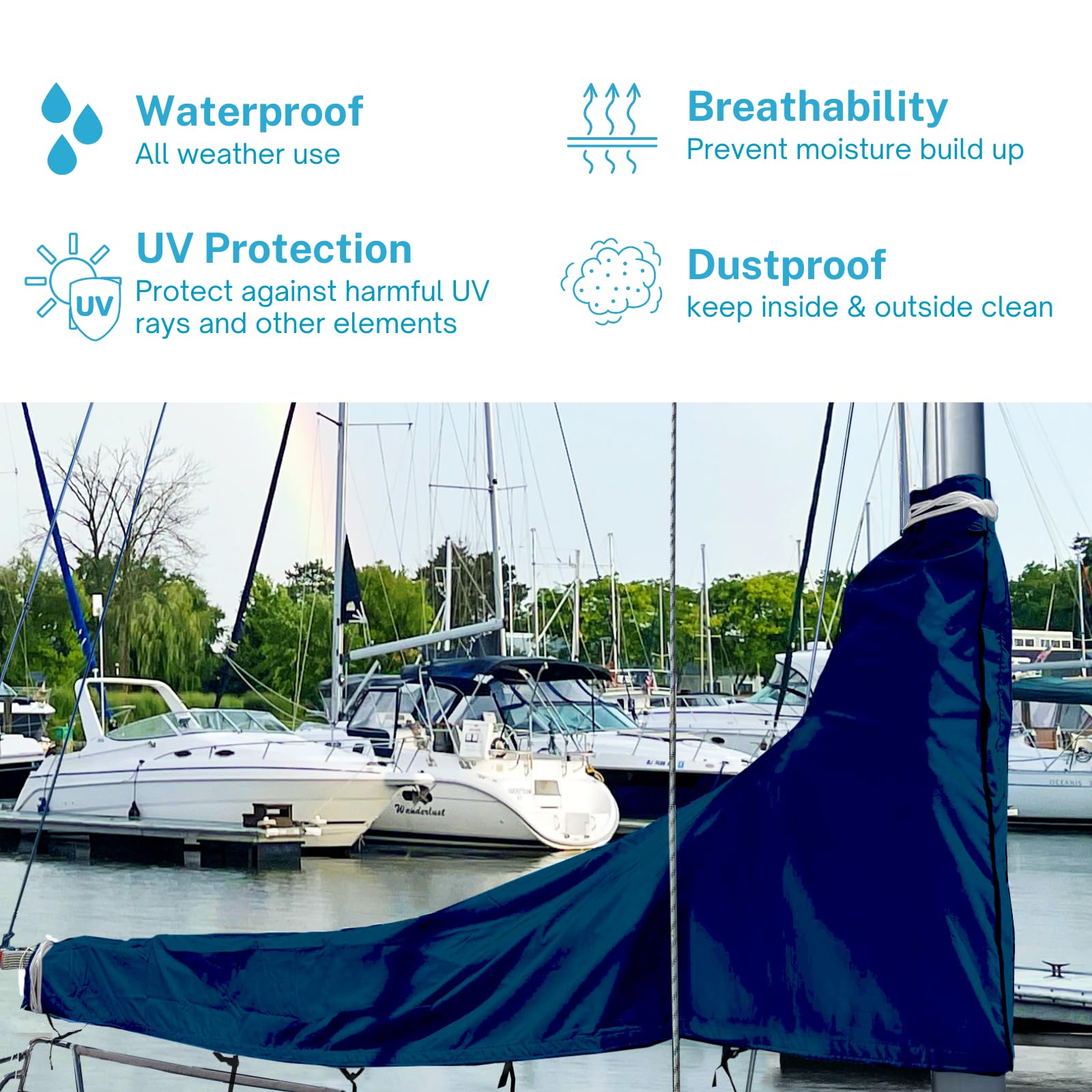 SavvyCraft Heavy Duty 600D Waterproof Sailboat Mainsail Boom Cover - UV Protection & Weather-Resistant for 10'-11' Boom - Navy Blue | Perfect for Sailboat Protection & Marine Use