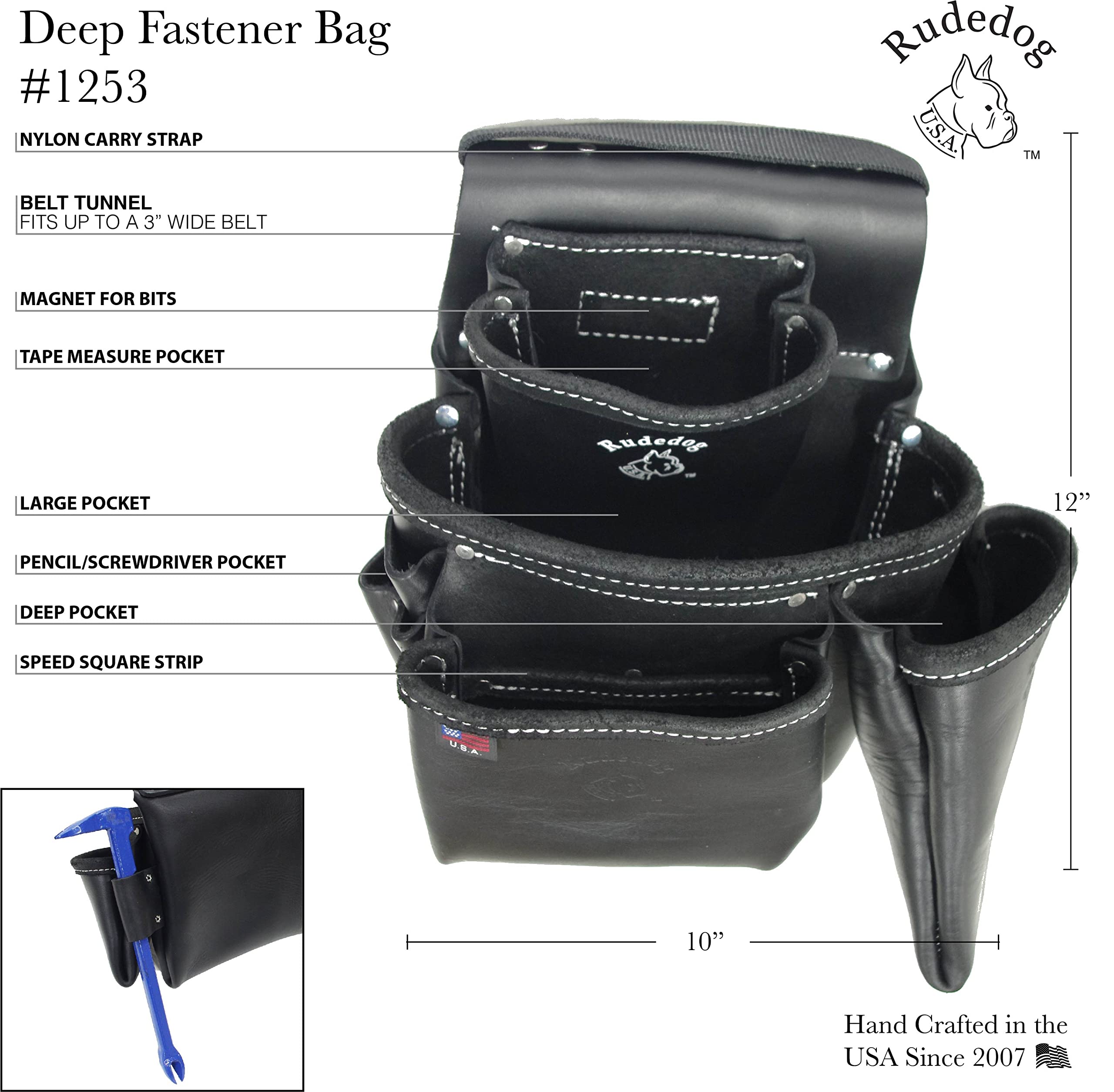 Premium Heavy-Duty Carpenter Leather Nail Bag with Long Pouch - Professional Tool Belt for Woodworking & Construction - Durable Workwear Accessory for Carpenters, Roofers & DIY Projects - RUDEDOG USA #1253