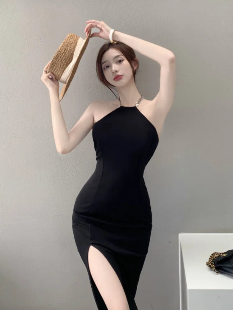 Vintage Black Chain Halter Dress - Elegant Off Shoulder Backless Bodycon Evening Gown with High Slit for Party, Club, Prom & Date Night