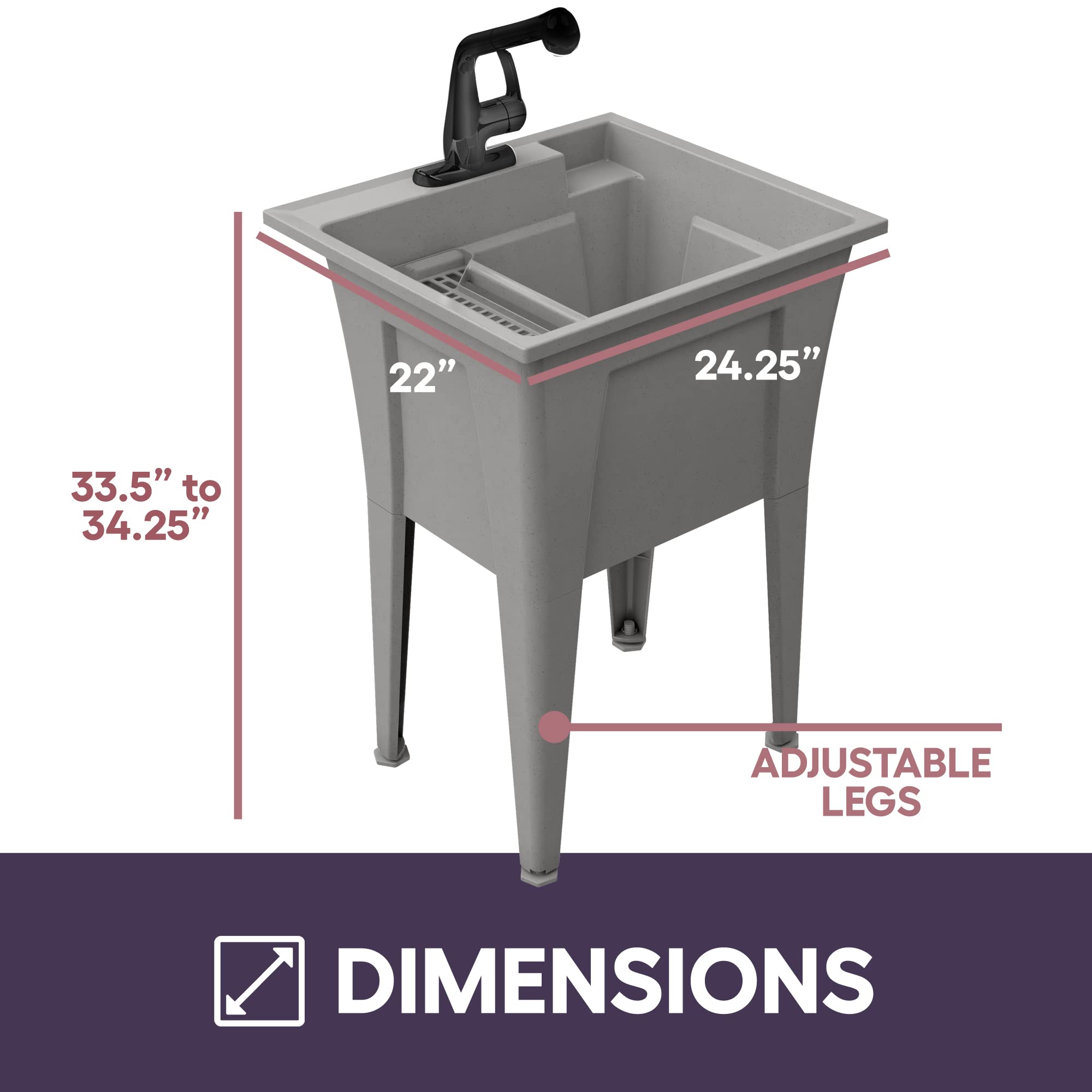 Utility Sink with One-Handle Matte Black Plastic Faucet – Durable Polypropylene Laundry Sink for Garage, Basement & Workshop – Heavy-Duty Grey Utility Tub for Indoor & Outdoor Use – Complete Sink Set with Drain (24” x 22” x 34”, 19.5 Gallons) – Perfect for Washing Pets, Cleaning Tools & DIY Projects