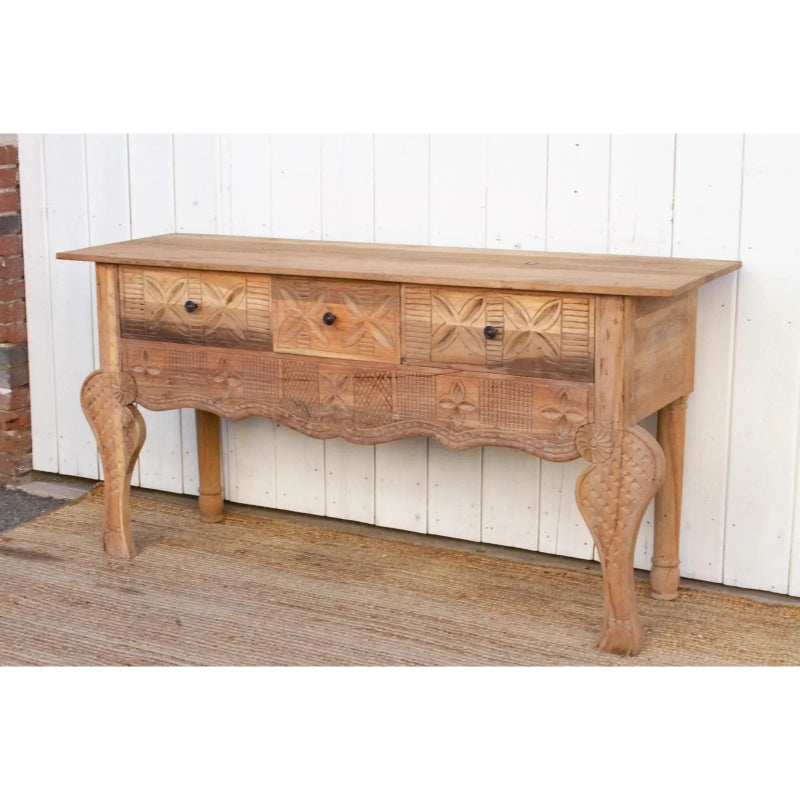 Hand Carved Wooden Three Drawer Console Table - Rustic Entryway Table with Storage for Hallway, Living Room & Bedroom | Solid Wood Sofa Table with Drawers for Home Decor