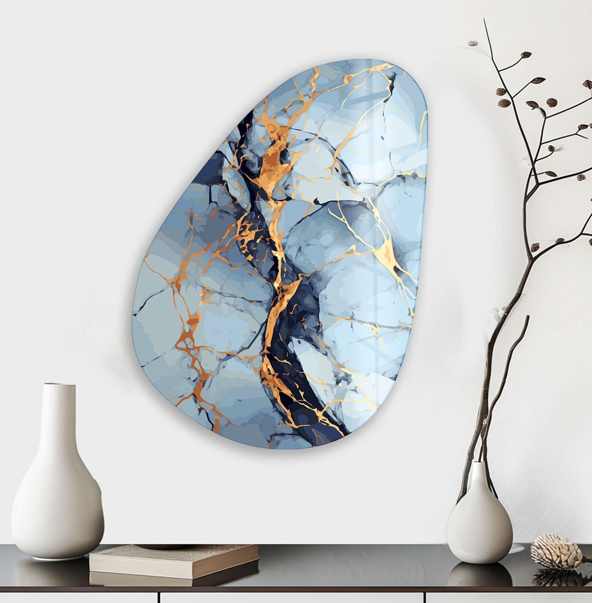 Modern Asymmetrical Oval Light Blue Abstract Glass Wall Art - Handmade Contemporary Decor for Living Room, Bedroom & Office