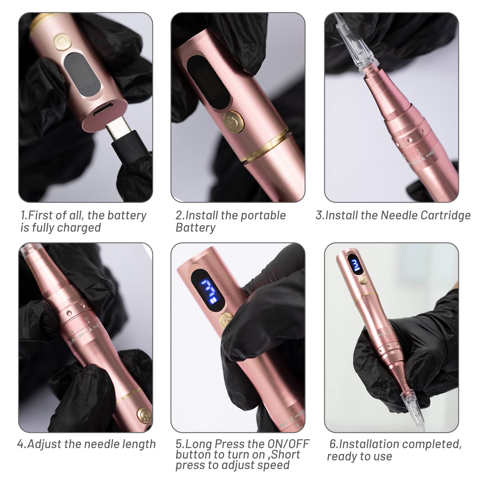 Professional Cordless Permanent Makeup Machine with Digital Display - PMU Tattoo Machine Kit Includes 2 Lithium Batteries & 10 PMU Needles (Rose Gold) | Ideal for Microblading, Eyebrow Tattooing & Cosmetic Procedures