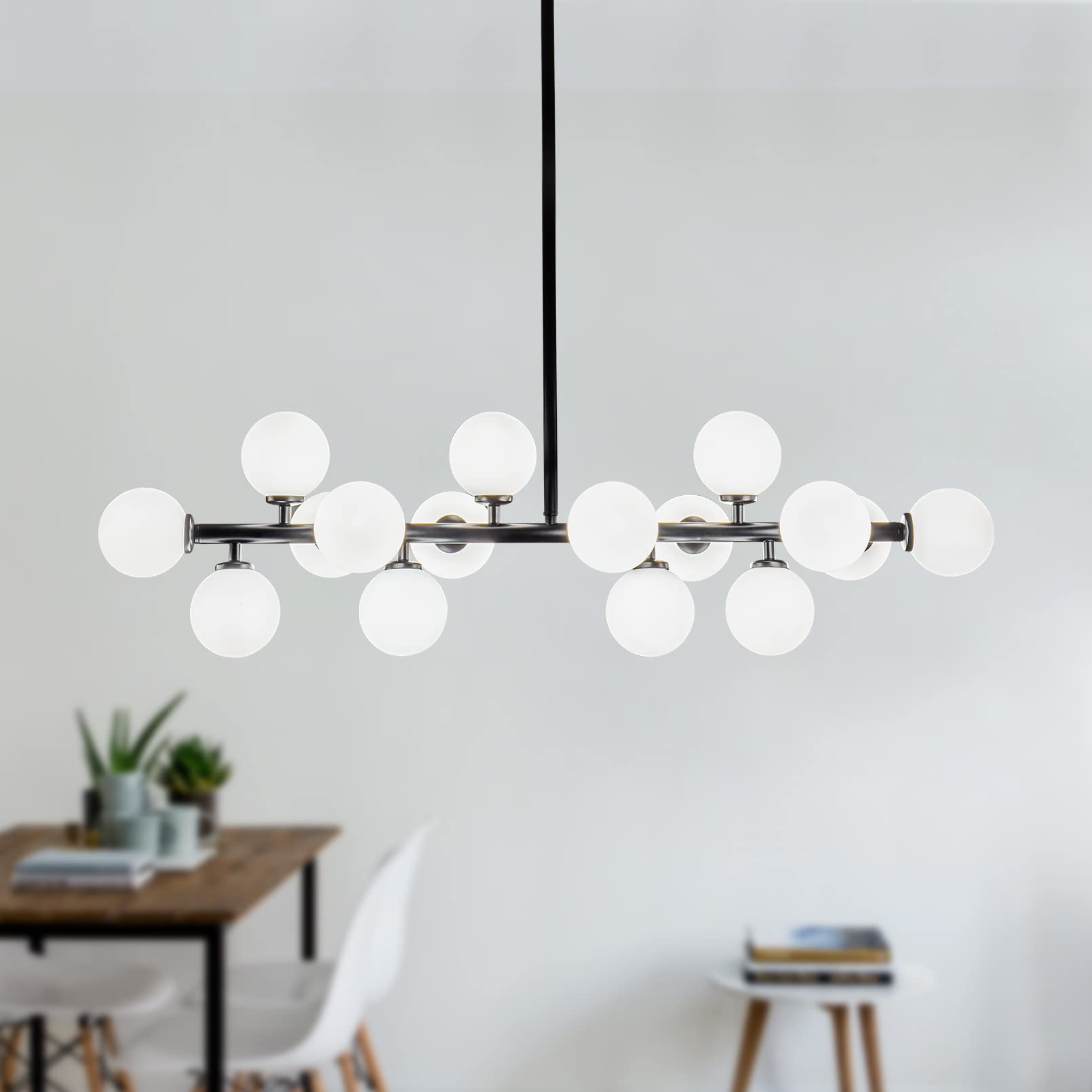 Mid Century Modern 16-Light Black Linear Chandelier - Elegant Pendant Lighting Fixture for Dining Room & Kitchen | Perfect for Contemporary Home Decor & Open Concept Spaces