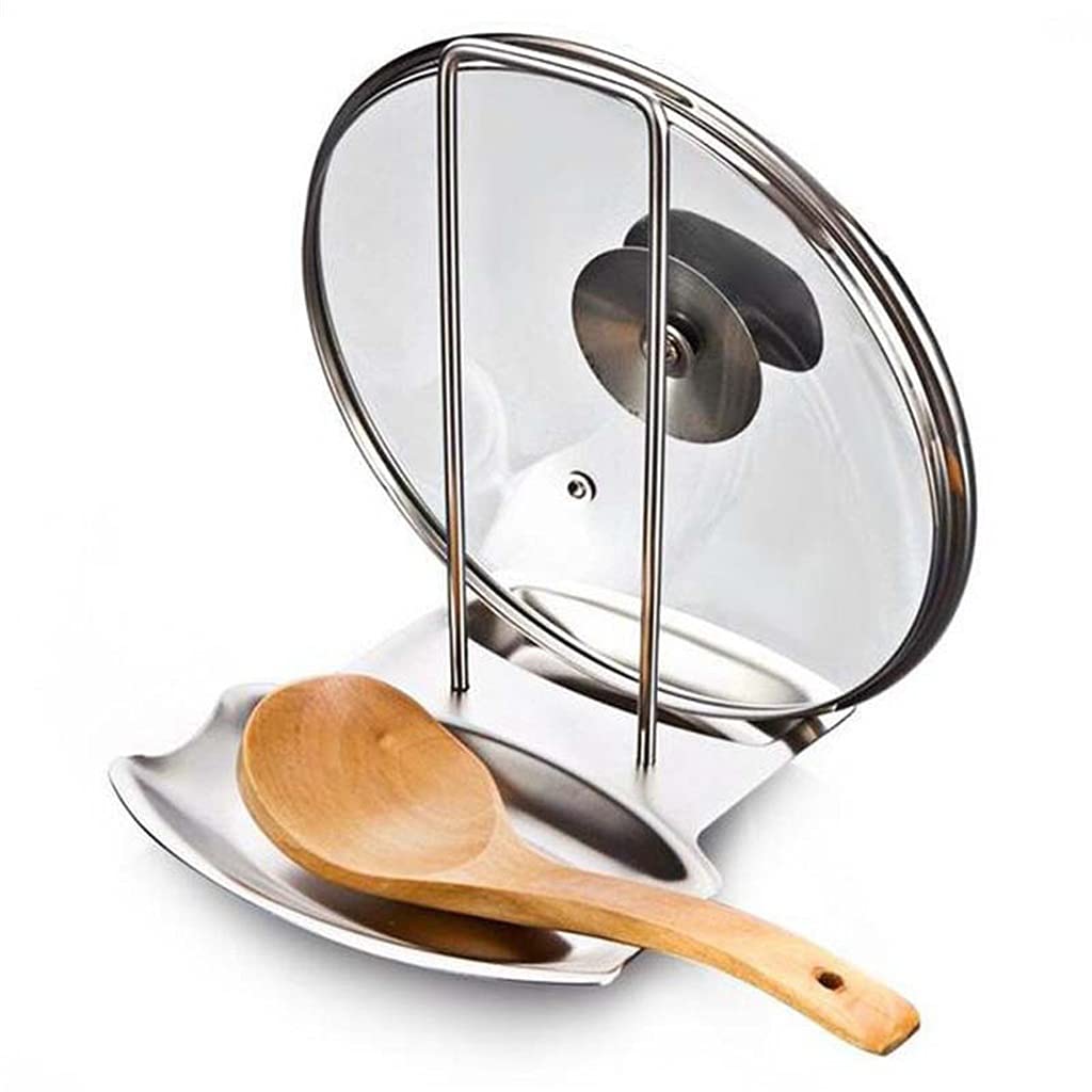 Stainless Steel Pot Lid Holder & Kitchen Organizer - Pan Cover Rack with Sponge & Spoon Holder - Space Saving Dish Rack for Cabinet & Countertop Storage - Perfect for Small Kitchens & Organized Cooking