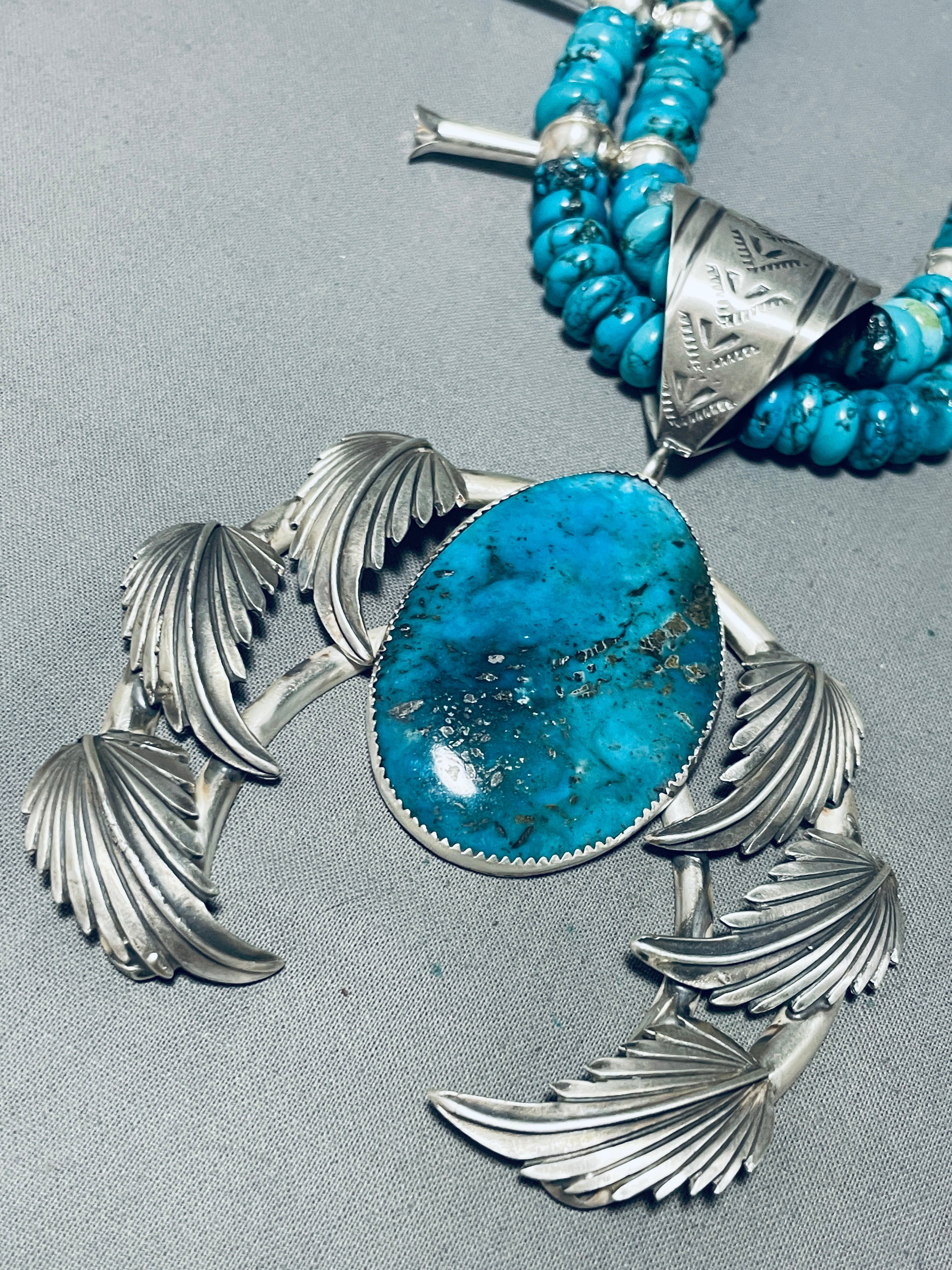 202 Gram Authentic Native American Navajo Turquoise Sterling Silver Squash Blossom Necklace - Handcrafted Jewelry for Women, Boho Fashion & Special Occasions
