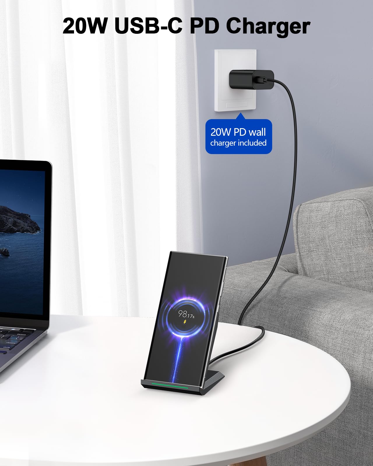 NANAMI Fast Wireless Charger Stand with 20W PD Adapter & USB Cable - Qi Certified for iPhone 16/16 Plus/16 Pro/16 Pro Max/15/14/13/12 & Samsung Galaxy S25/S24/S23/S22/S21 (10W) - Perfect for Home, Office, and Nightstand Charging