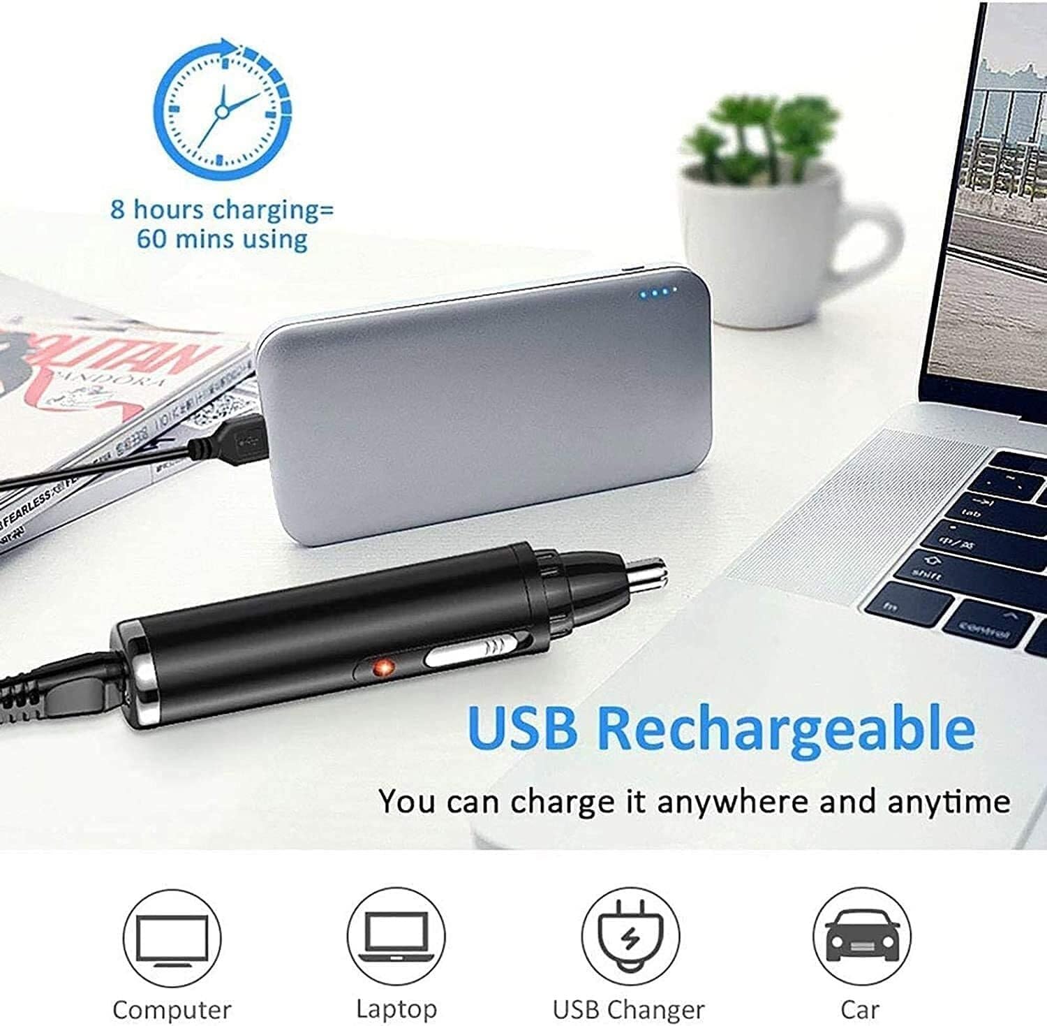 4-in-1 USB Rechargeable Nose & Ear Hair Trimmer with Waterproof Dual Edge Blades - Portable Grooming Kit for Men - Perfect for Travel, Home & Office Use - Black