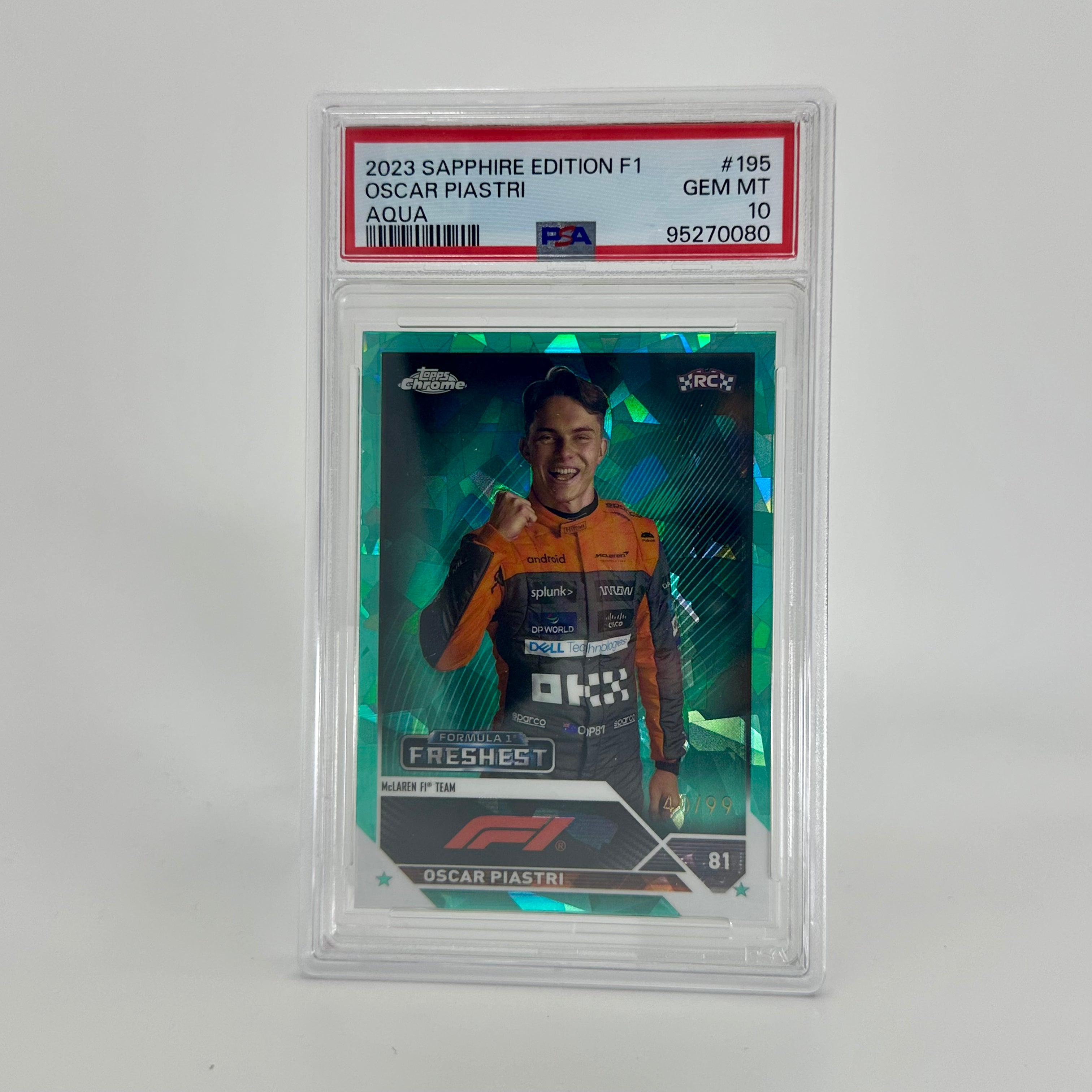 2023 Topps Chrome F1 Oscar Piastri #195 PSA 10 Rookie Card - 40/99 Aqua Sapphire Edition | Collectible Racing Memorabilia for F1 Fans & Card Collectors
