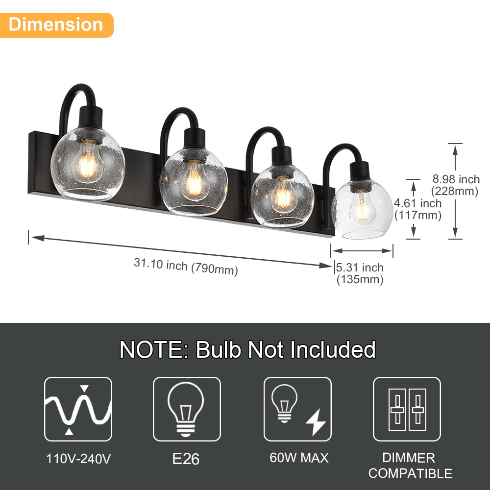 4-Lights Black Industrial Bathroom Vanity Light Fixtures with Seeded Glass Lampshades - Over Mirror Wall Lighting for Modern Bathroom & Powder Room Decor