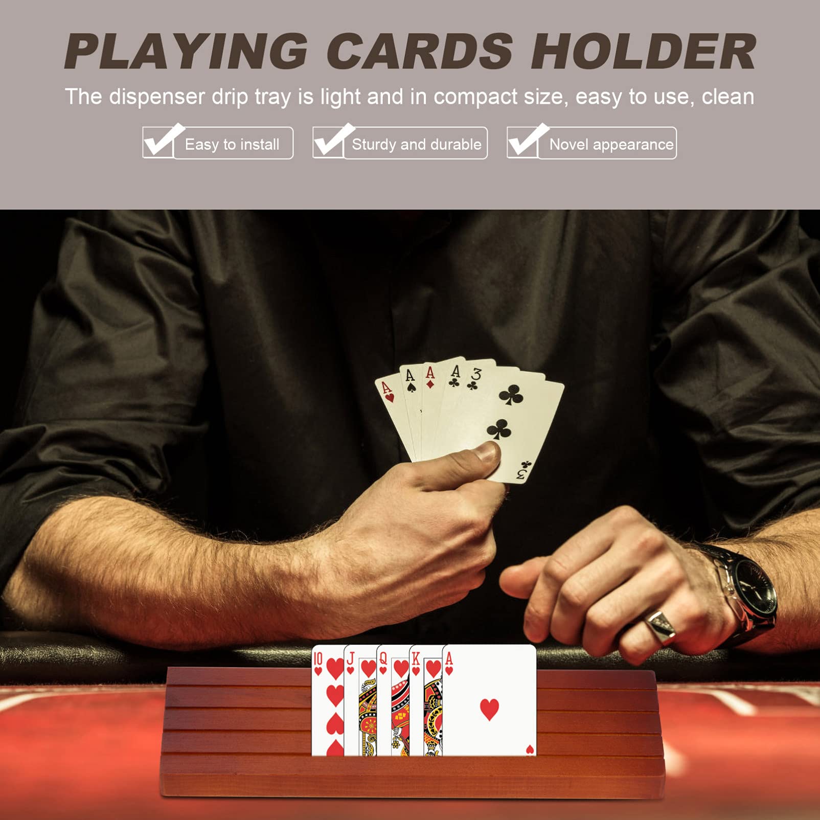Wooden Card Holder & Plastic Playing Card Tray - Poker Game Organizer, Tabletop Stand for Game Cards, Board Games, and Casino Nights - Perfect for Poker Nights, Family Game Time, and Casino-Themed Parties