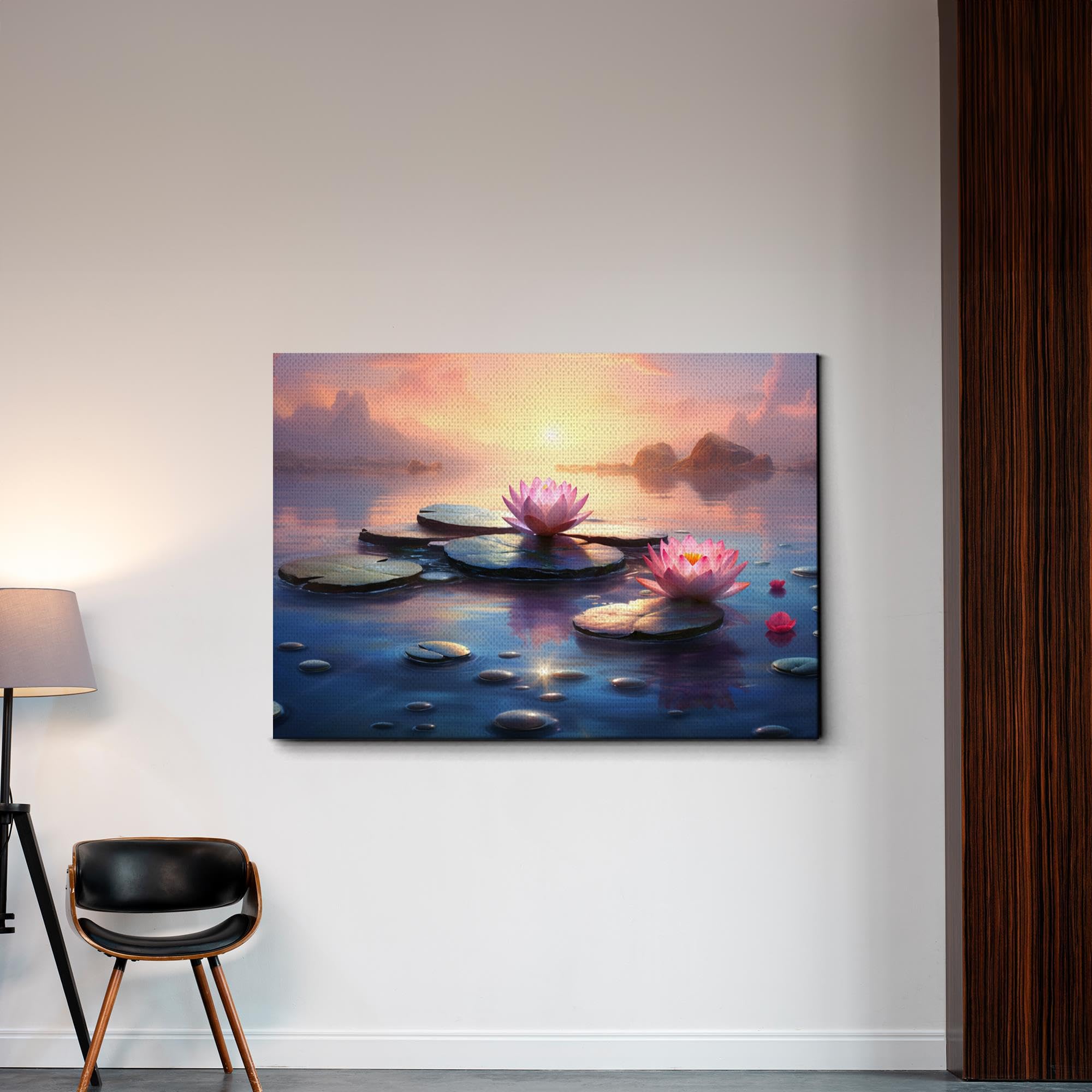 Zen Wall Art Decor - Framed Canvas Zen Garden with Stone Flower & Peaceful Water Sunset Meditation Print - Yoga Room Decor, Home Office Scenery Wall Hanging for Relaxation & Mindfulness Spaces