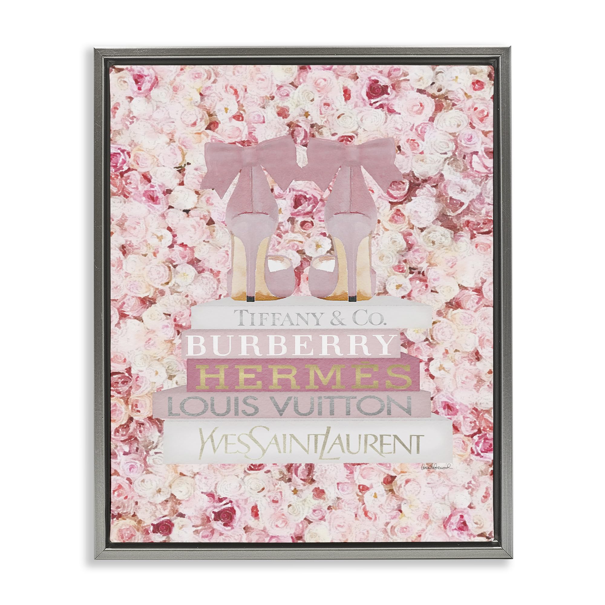 Stupell Industries Pink Fashion Heals Wall Art with Glam Books & Rose Details - Floater Frame Design by Amanda Greenwood - Perfect for Bedroom, Living Room & Office Decor