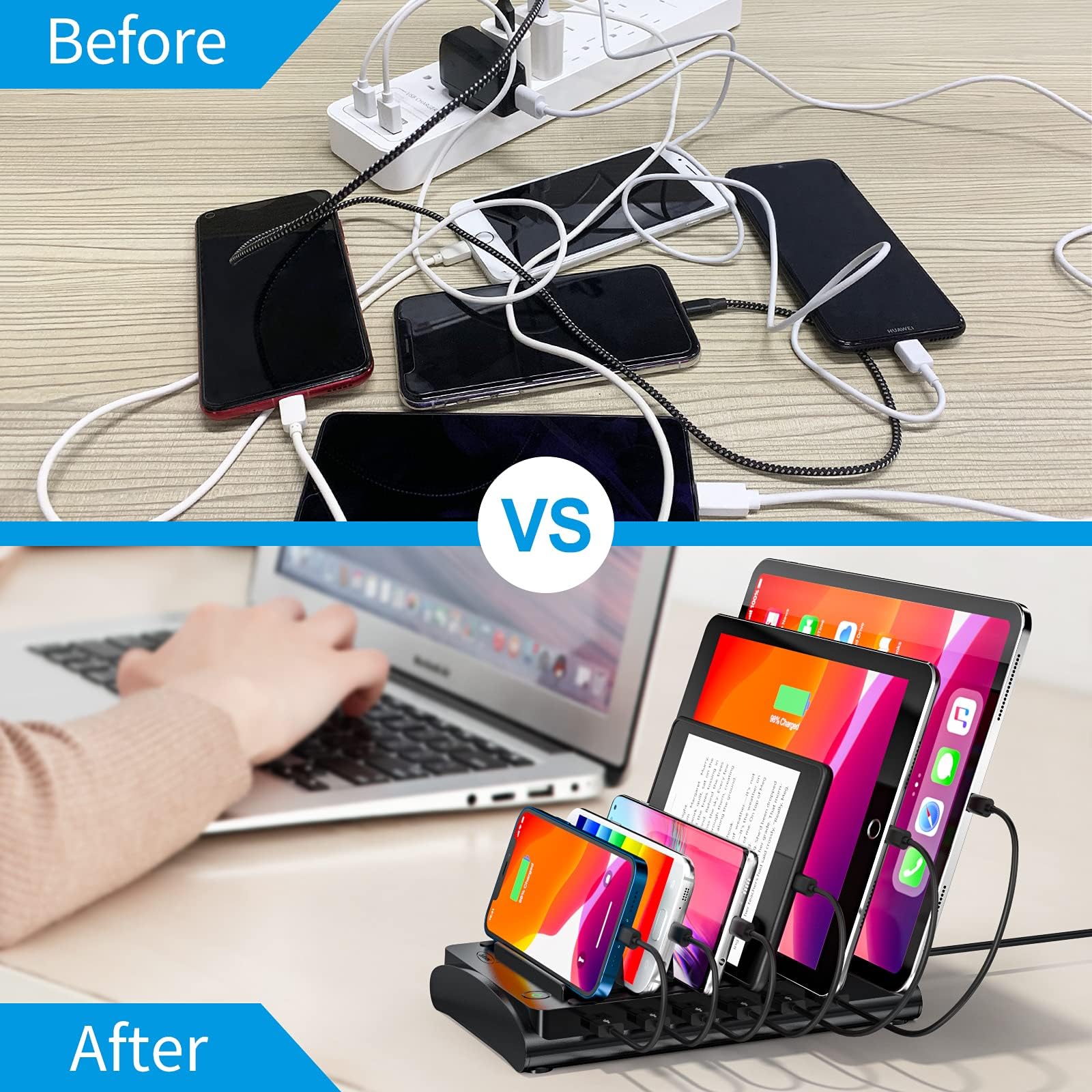 Bototek 60W 6-Port Charging Station for iPhone, iPad, Tablets - Home & Office Use