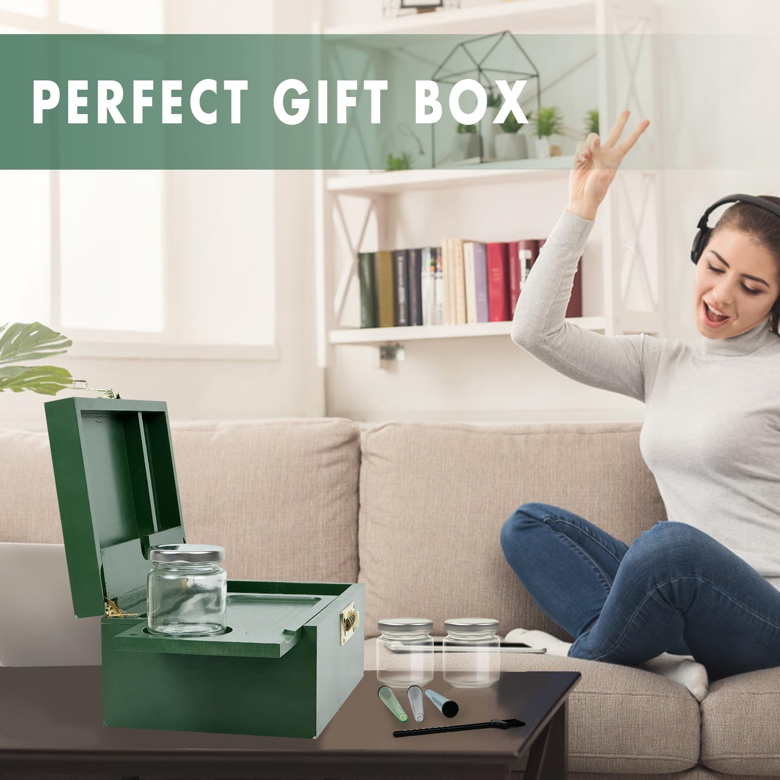 Premium Bamboo Stash Box with 3 Airtight Glass Jars - Portable Lockable Storage Container for Herbs, Spices & Valuables (Green) | Perfect for Travel, Home Organization & Cannabis Storage