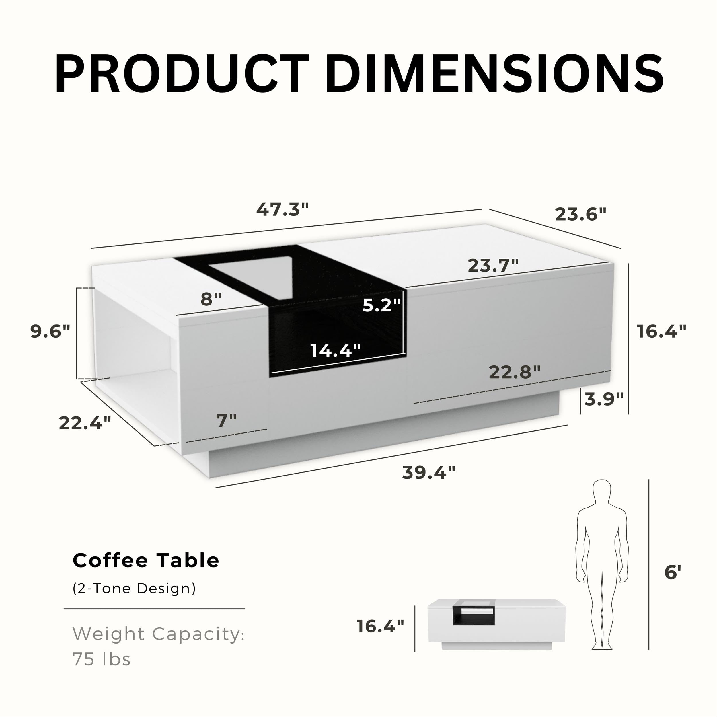 Modern Rectangle Coffee Table with Storage - White & Black Wooden Furniture for Living Room & Office - Matte Finish with Glass Window Shelf & 2 Open Shelves - Perfect for Small Spaces, Home Decor & Entertaining Guests